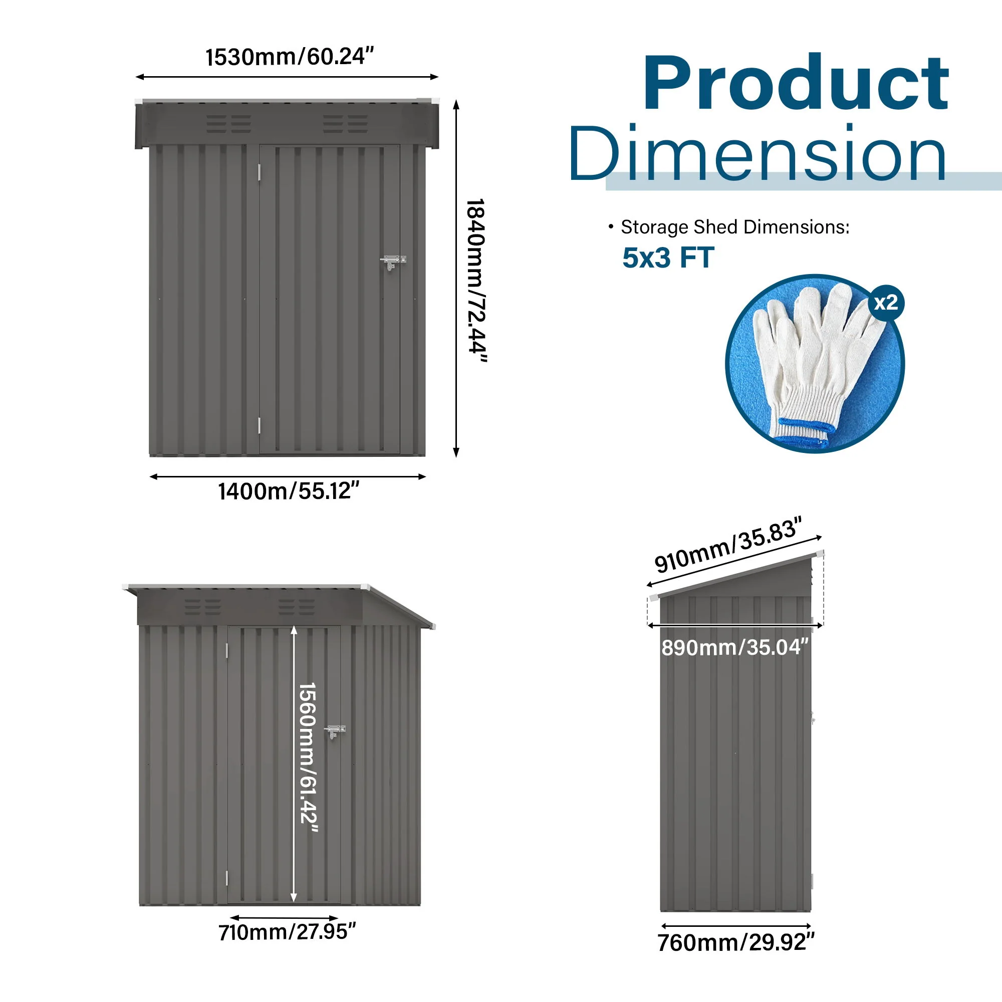 5 X 3 Ft Durable Metal Shed Outdoor Storage Shed With Pitched Roof And Lockable Door - Gray - Image 7