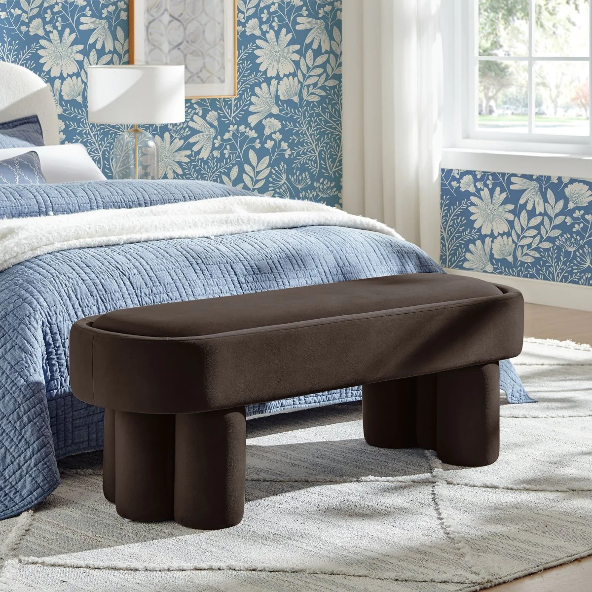 52 Inch Oval Performance Velvet Accent Bench with Sculptural Clover-Base Legs - Image 18