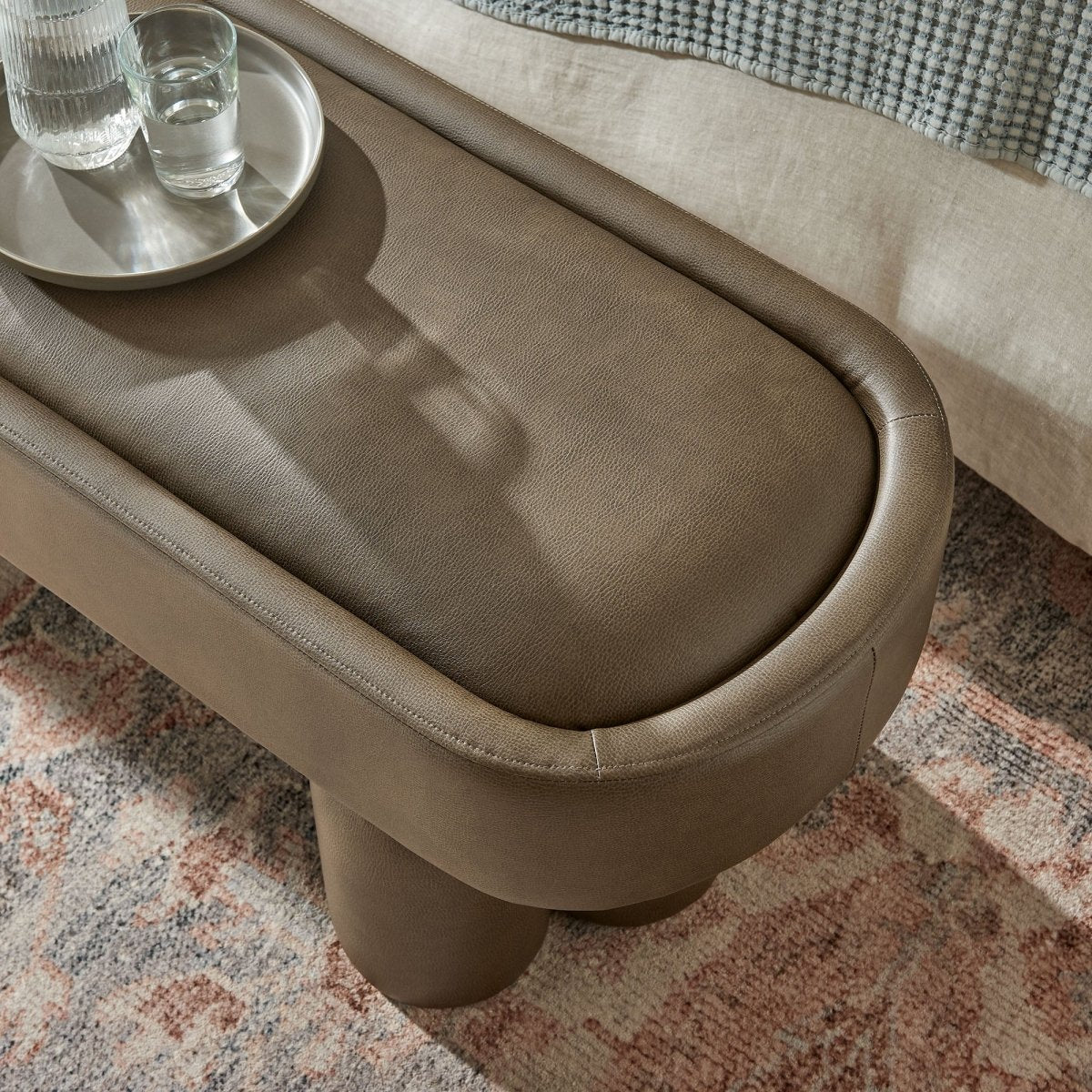 52 Inch Oval Vegan Leather Accent Bench with Sculptural Clover-Base Legs - Image 18