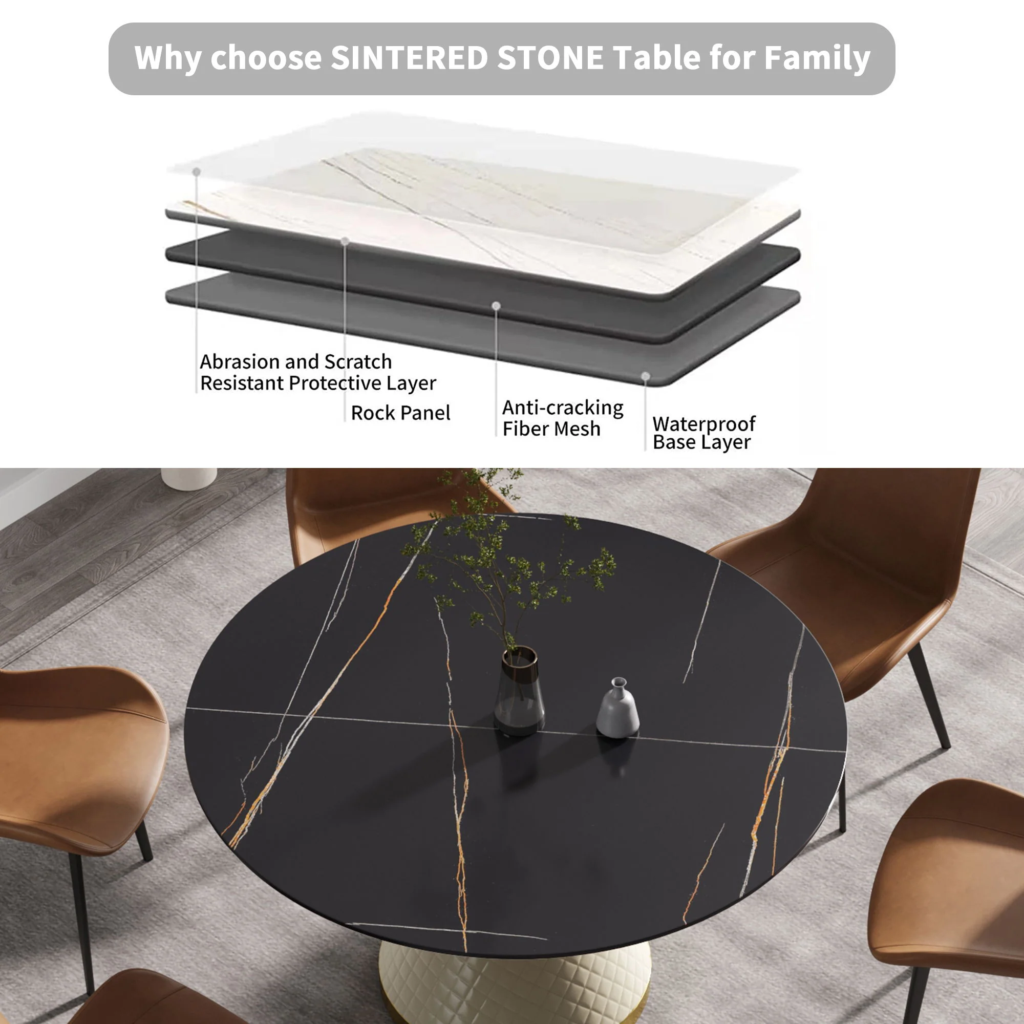 53.15" Modern Artificial Stone Round Carbon Steel Base Dining Table, Can Accommodate 6 People - Black / White - Image 6