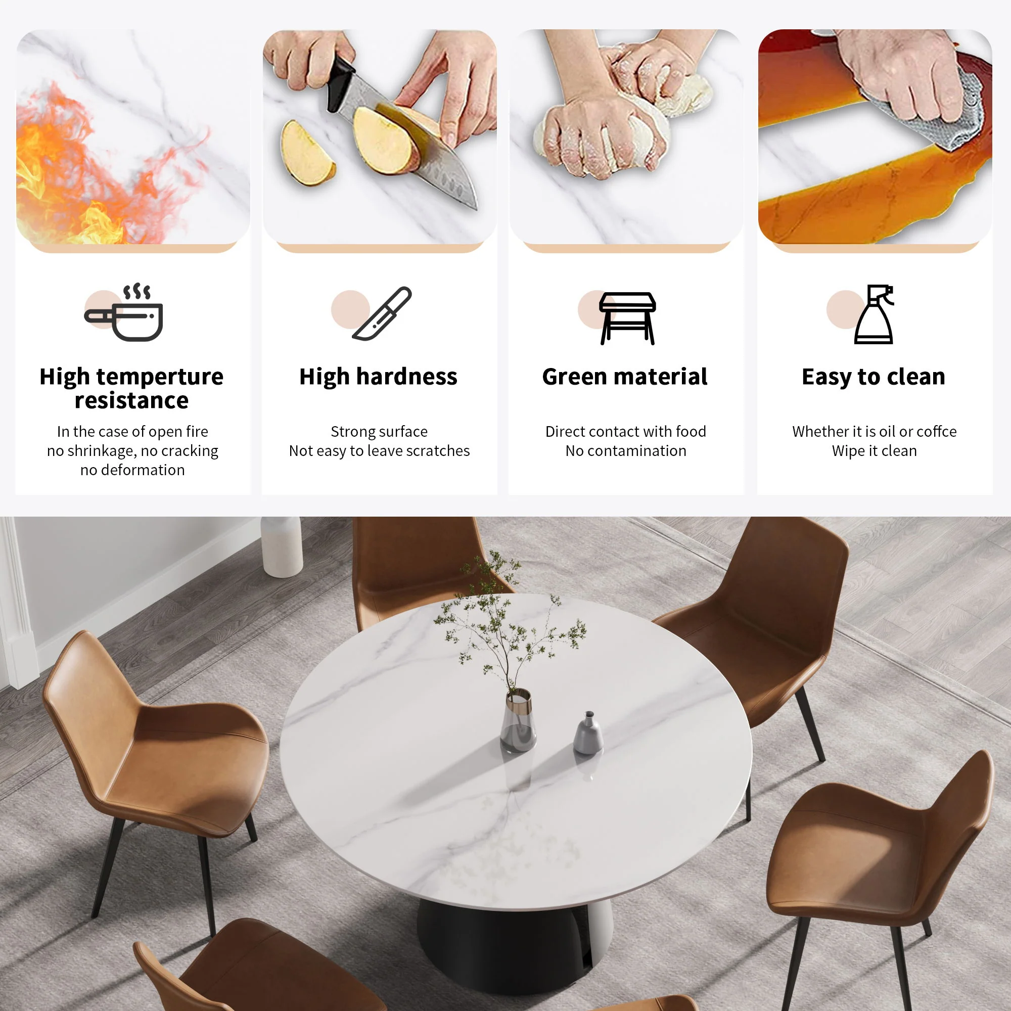 53.15" Modern Artificial Stone Round Carbon Steel Base Dining Table, Can Accommodate 6 People - White / Black - Image 6