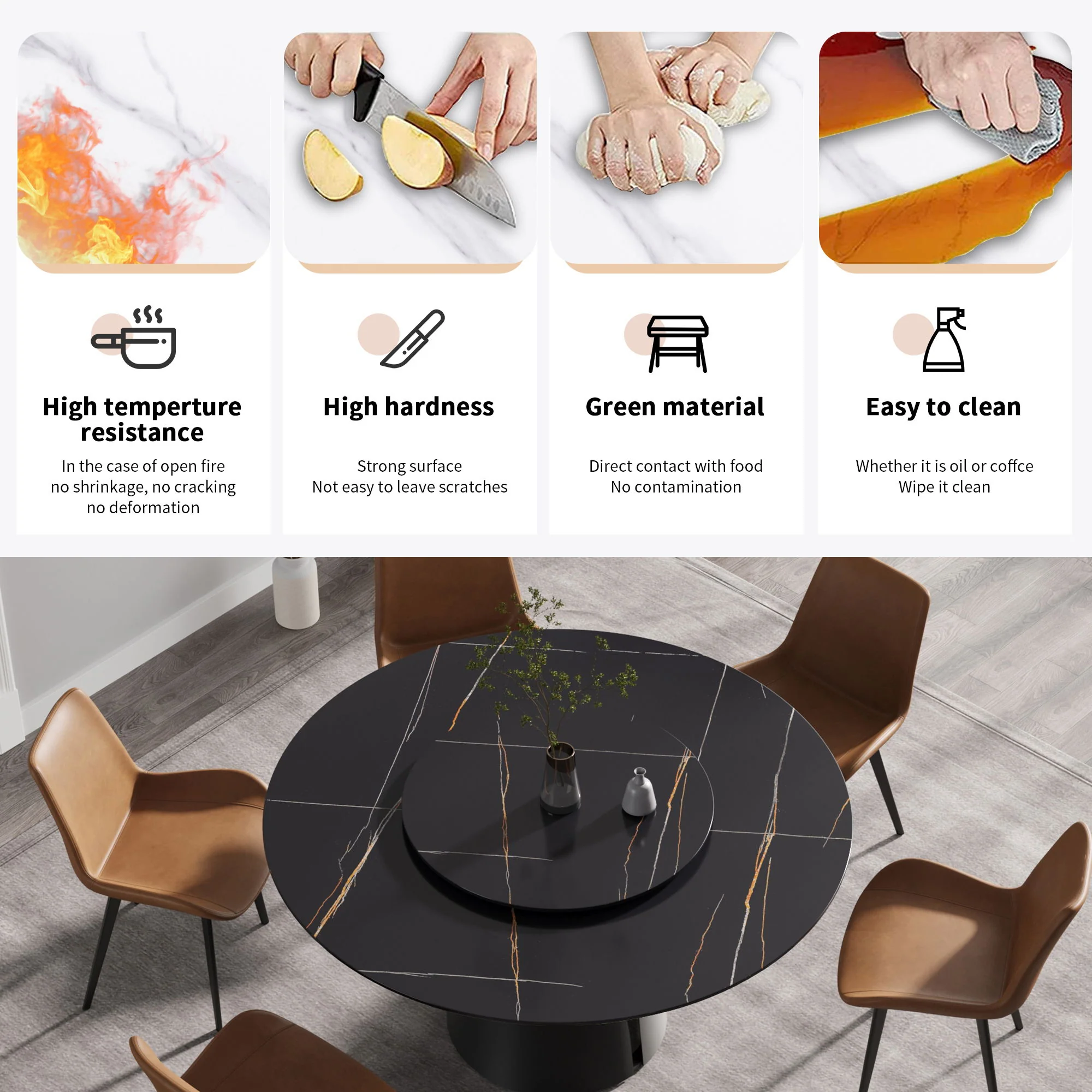 53.15" Round Modern Artificial Stone Carbon Steel Base Dining Table, Can Accommodate 6 People - Black / Gold - Image 6