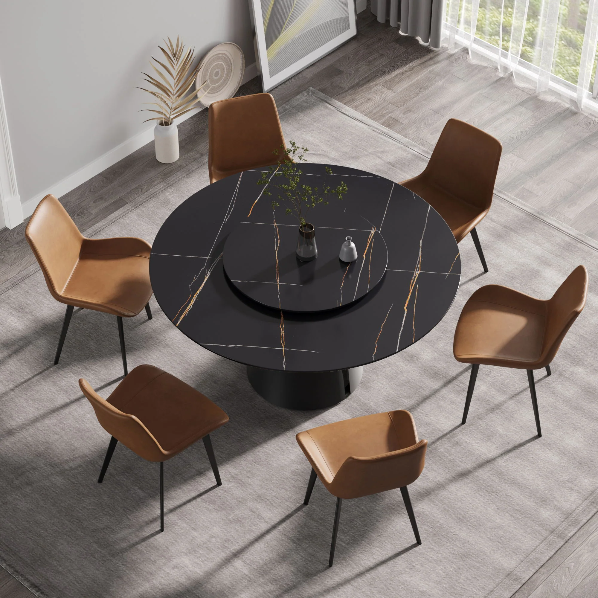 53.15" Round Modern Artificial Stone Carbon Steel Base Dining Table, Can Accommodate 6 People - Black / Gold - Image 8