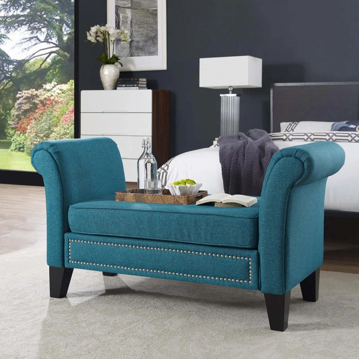 53 Inch Charming Modern Farmhouse Nailhead Bench in Teal - Image 5