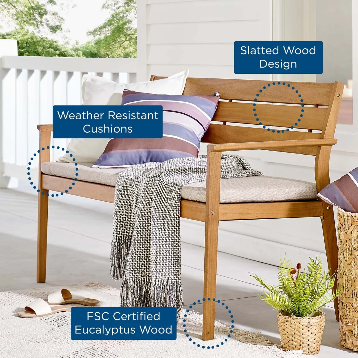 53" Natural Taupe Outdoor Patio Loveseat – FSC Ash Wood - Image 4