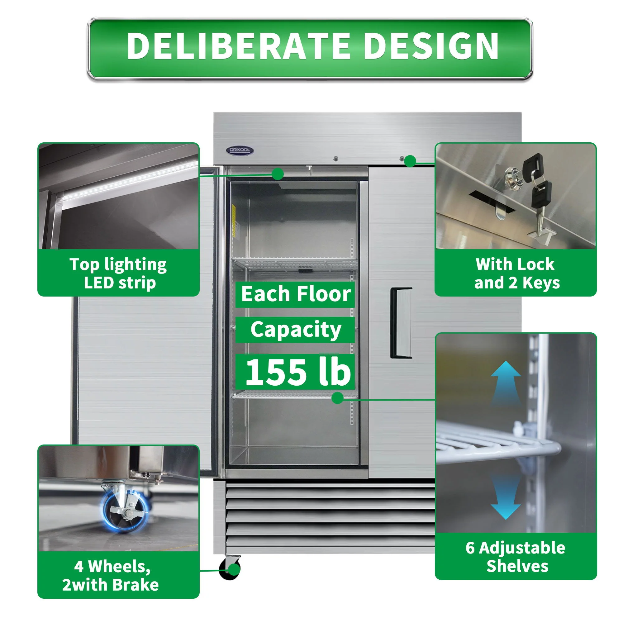 54" Commercial Refrigerator 49 Cu.Ft With 2 Solid Door Reach-In Refrigerators Stainless Steel Etl Approved Upright Fridge Storage - Silver - Image 6