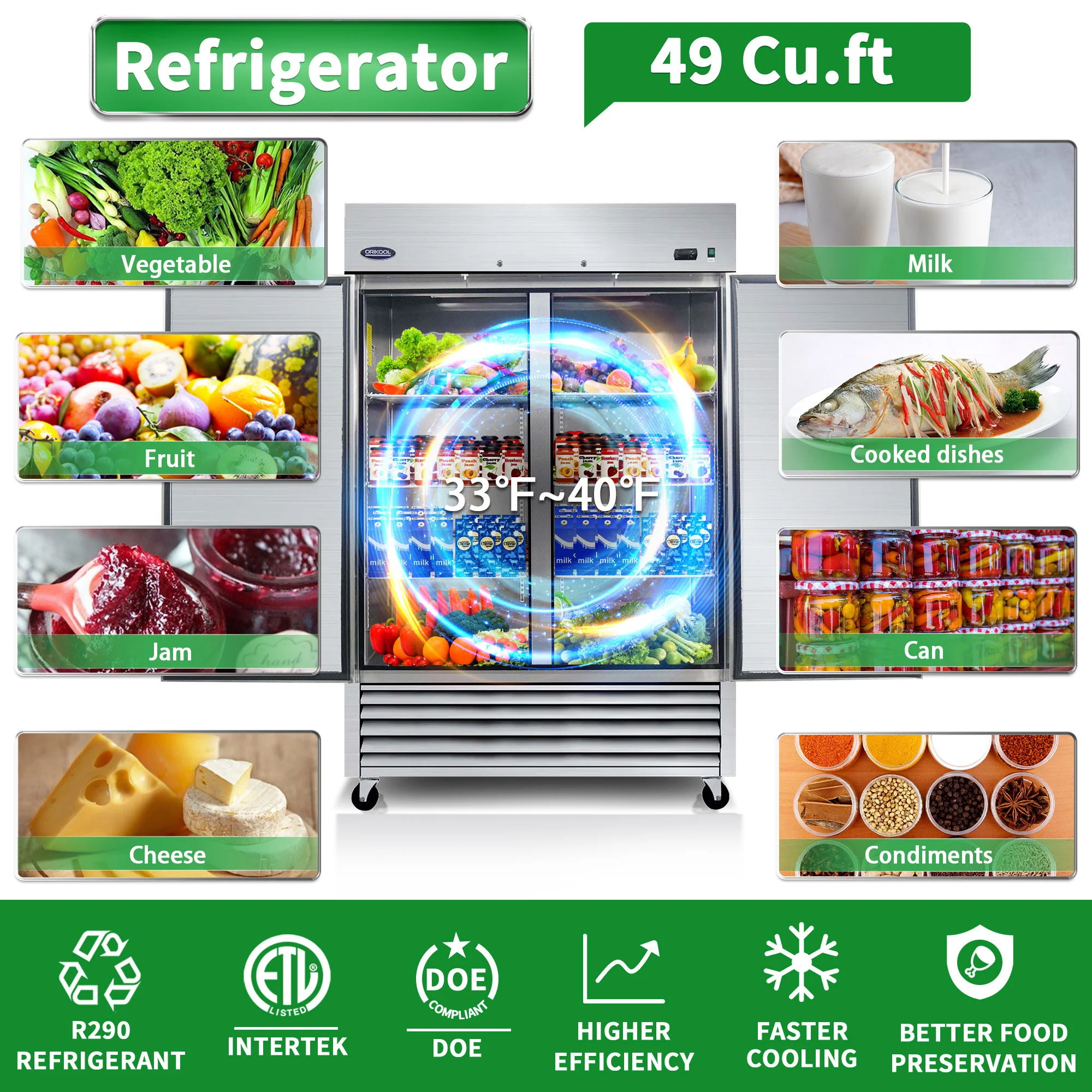 54" Commercial Refrigerator 49 Cu.Ft With 2 Solid Door Reach-In Refrigerators Stainless Steel Etl Approved Upright Fridge Storage - Silver - Image 7
