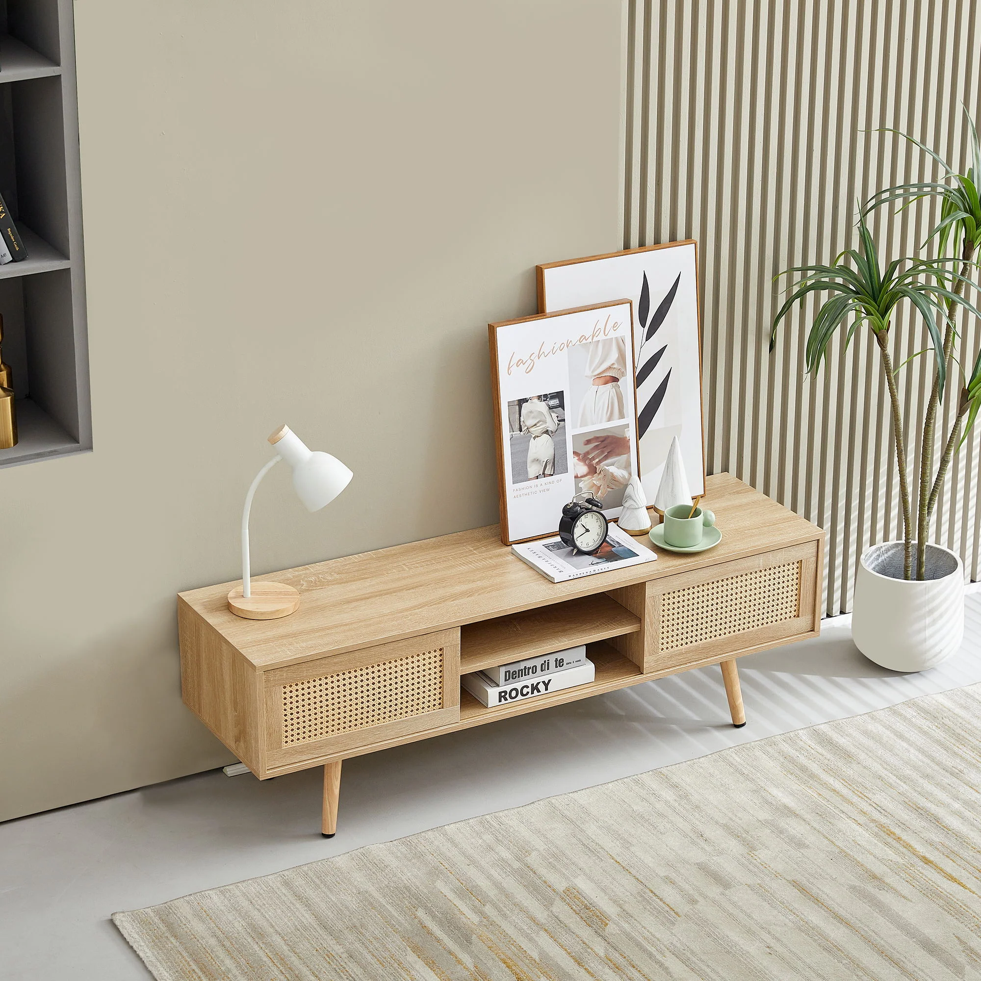 55.12" Rattan TV Cabinet, Double Sliding Doors For Storage, Adjustable Shelf, Solid Wood Legs, TV Console For Living Room - Image 11