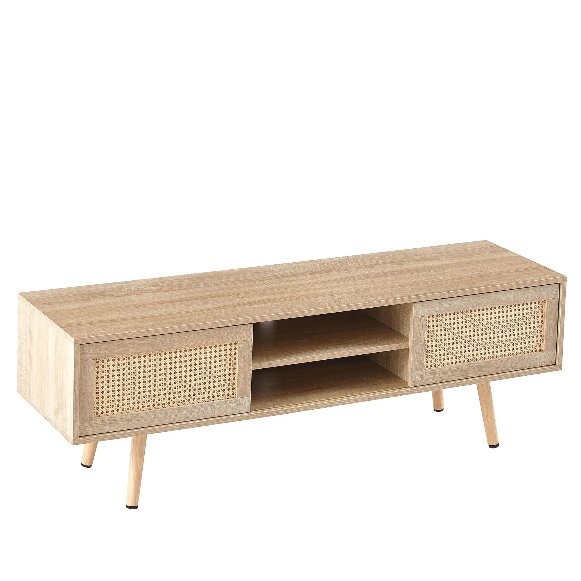 55.12" Rattan TV Cabinet, Double Sliding Doors For Storage, Adjustable Shelf, Solid Wood Legs, TV Console For Living Room - Image 12