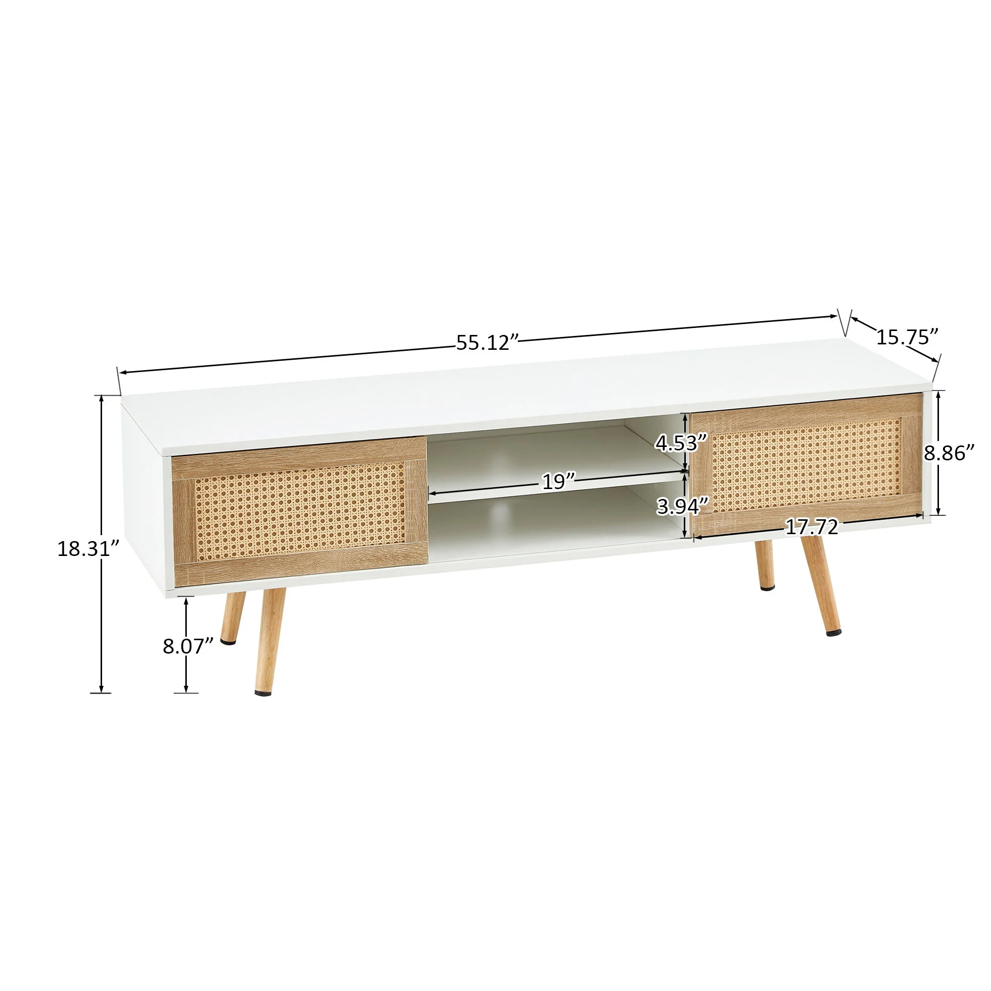 55.12" Rattan TV Cabinet, Double Sliding Doors For Storage, Adjustable Shelf, Solid Wood Legs, TV Console For Living Room - Image 14