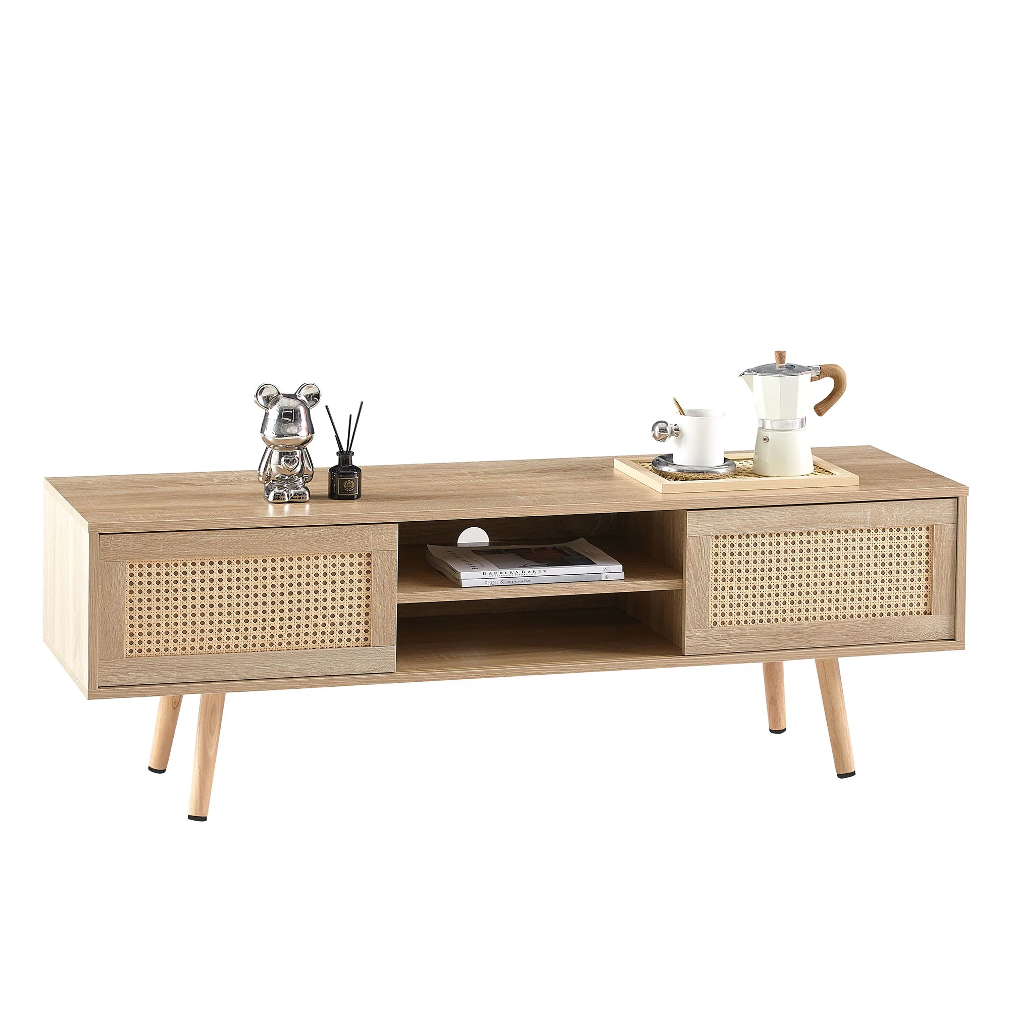 55.12" Rattan TV Cabinet, Double Sliding Doors For Storage, Adjustable Shelf, Solid Wood Legs, TV Console For Living Room - Image 15