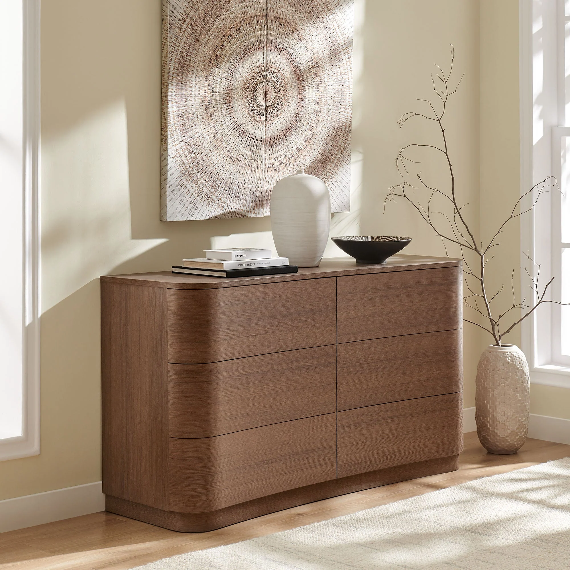 55" Brushed Oak Curved Front 6-Drawer Bedroom Dresser - Image 17