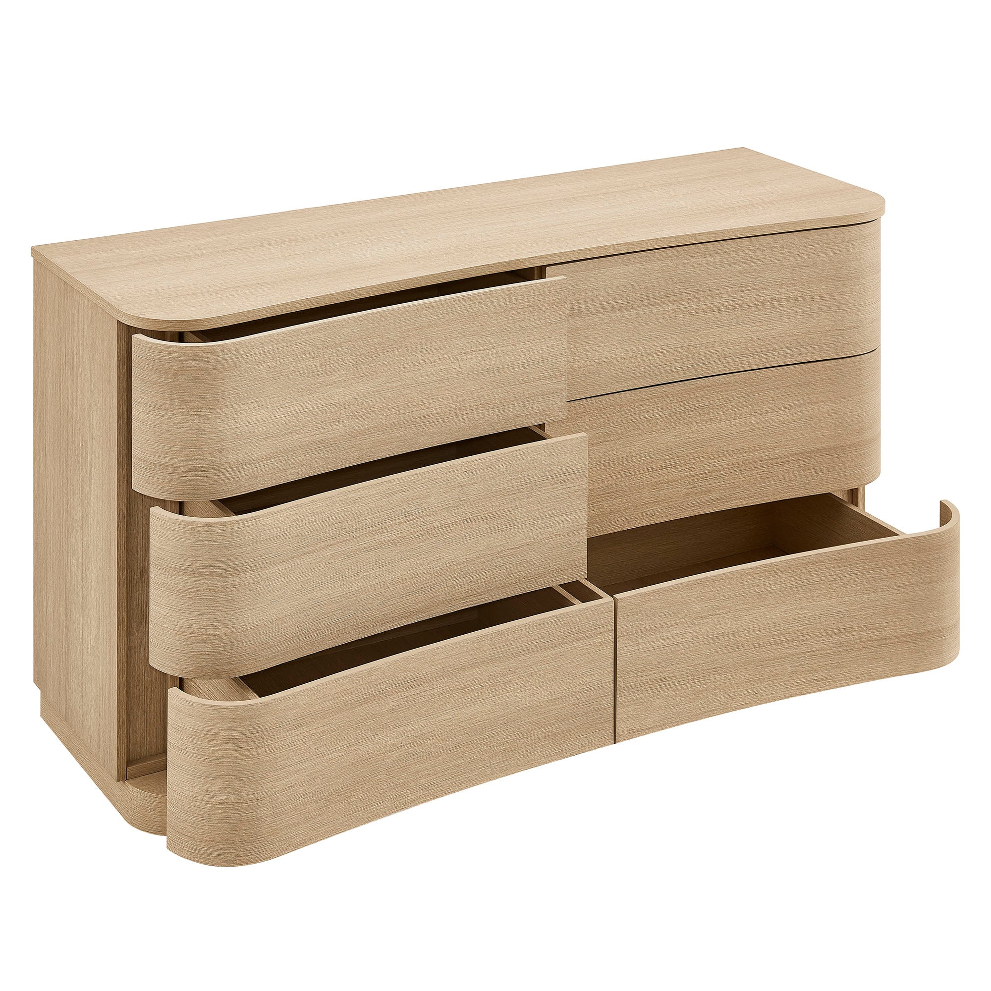 55" Brushed Oak Curved Front 6-Drawer Bedroom Dresser - Image 5