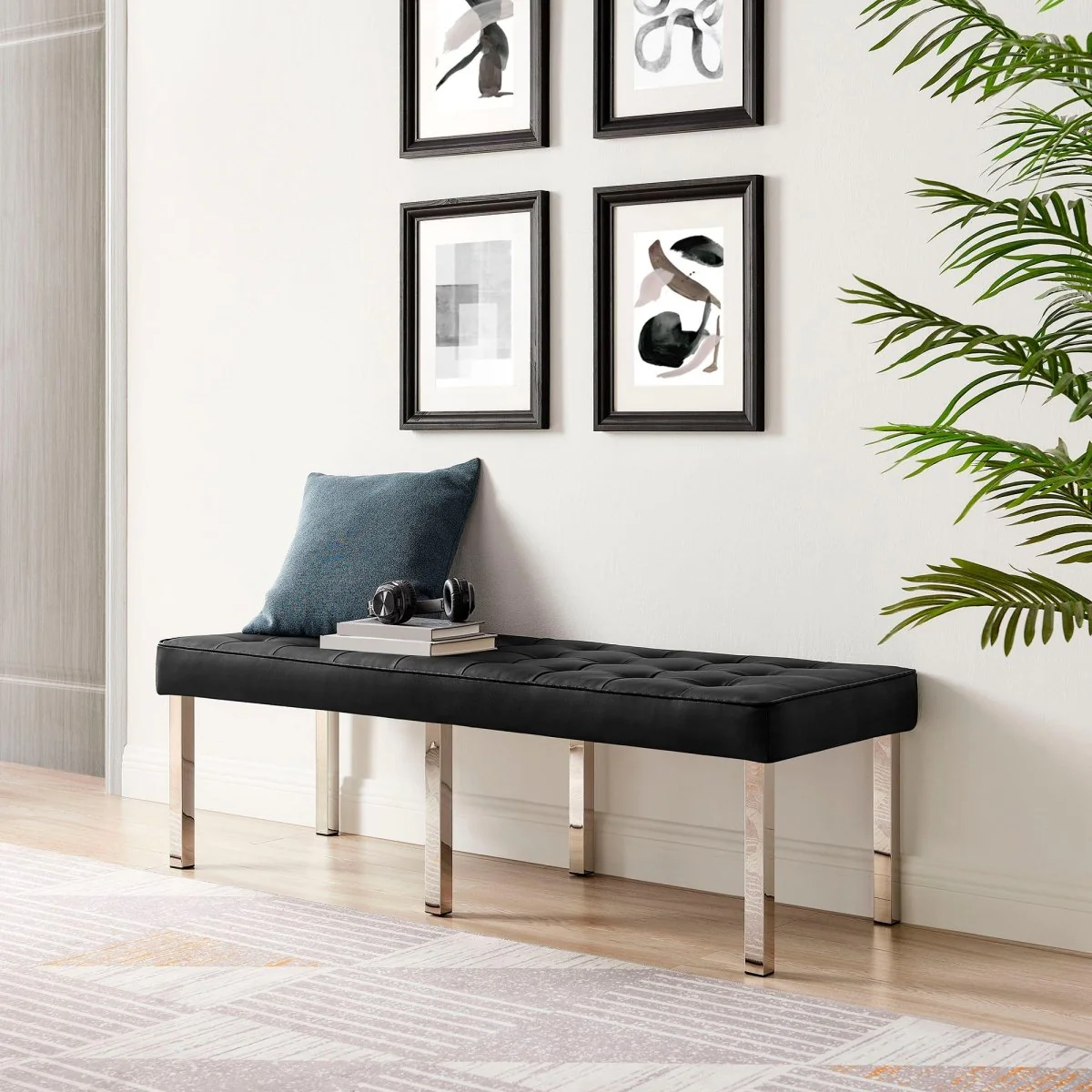 55 Inch Tufted Vegan Leather Bench with Tubular Stainless Steel Legs - Image 4