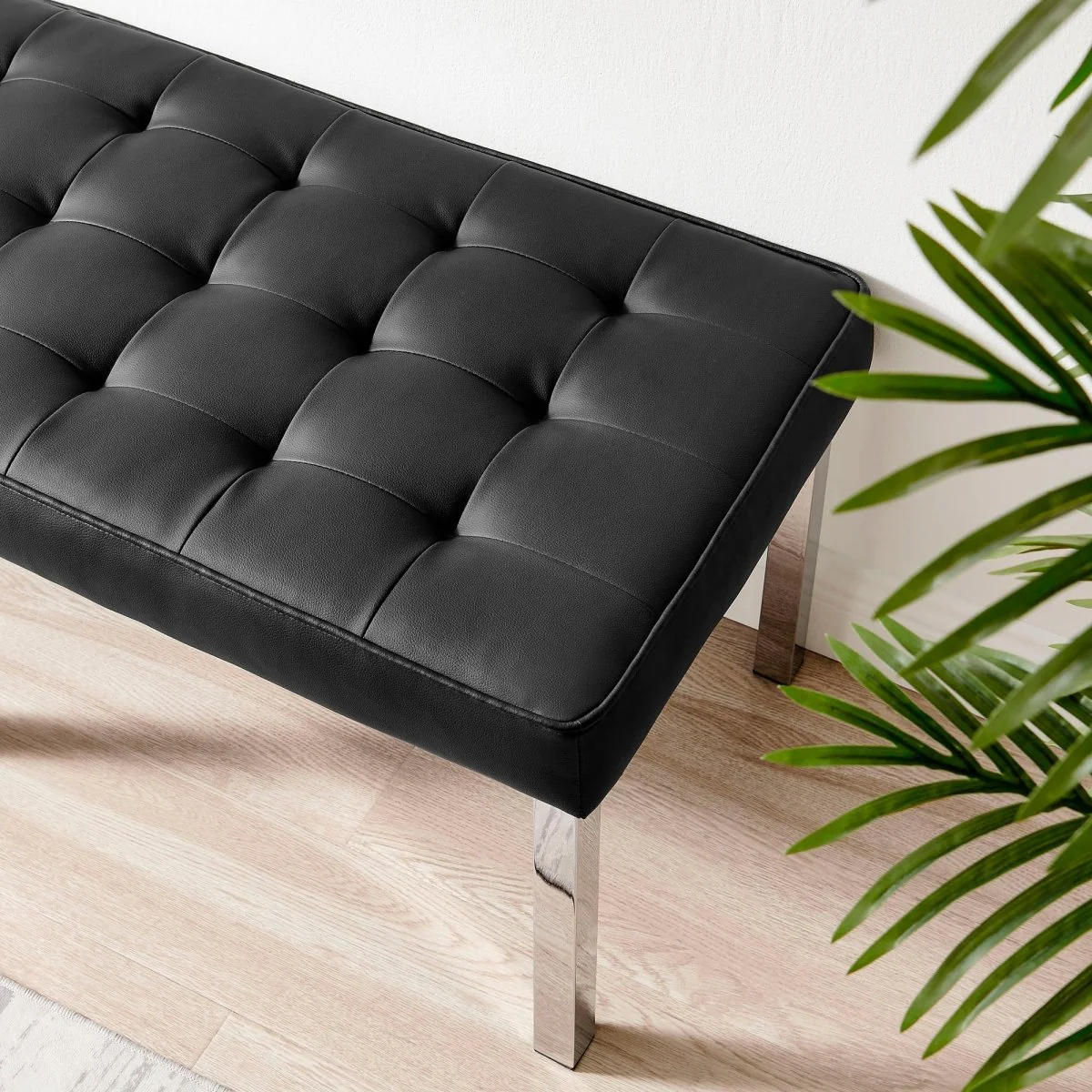 55 Inch Tufted Vegan Leather Bench with Tubular Stainless Steel Legs - Image 6