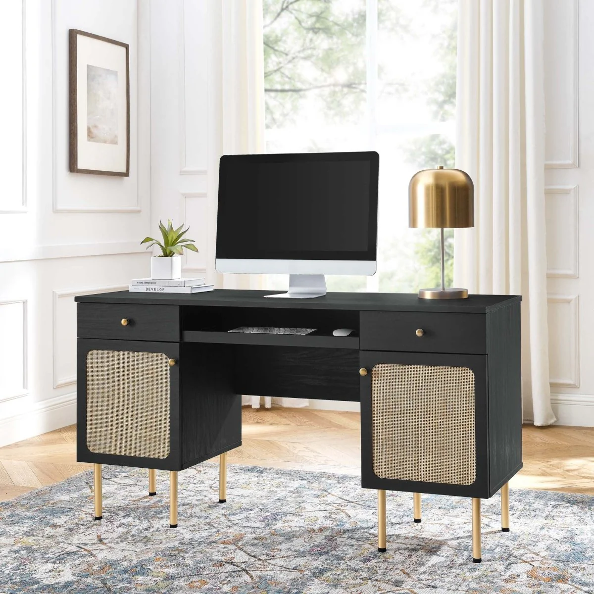 55" Modern Rattan Office Desk with Sleek Contemporary Design and Spacious Workspace - Image 18