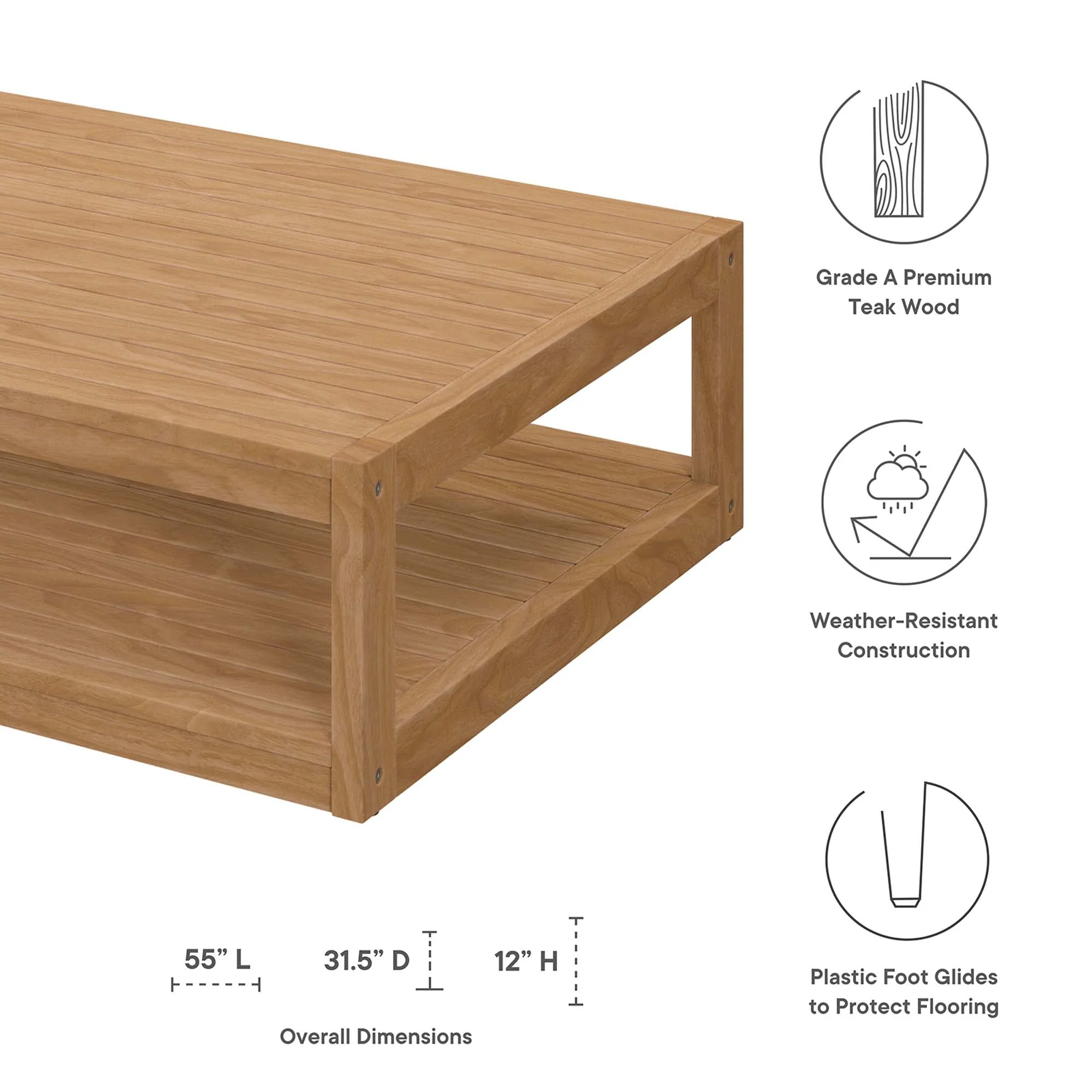 55" Natural Teak Wood Outdoor Patio Coffee Table - Image 2