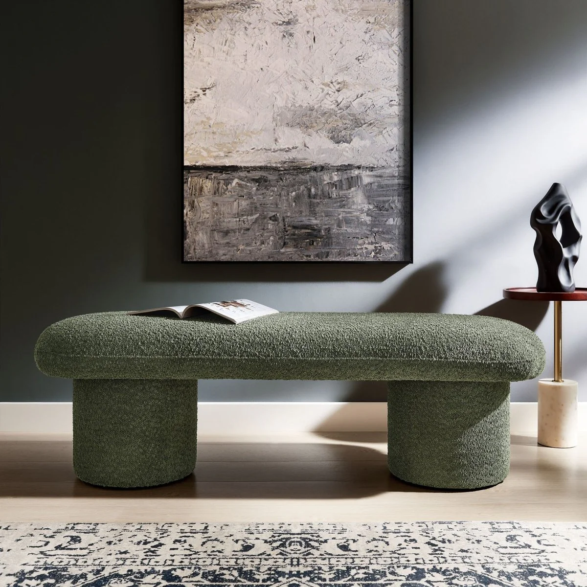 56 Inch Chenille Upholstered Bench with Cylindrical Legs and Overhang Seat - Image 11