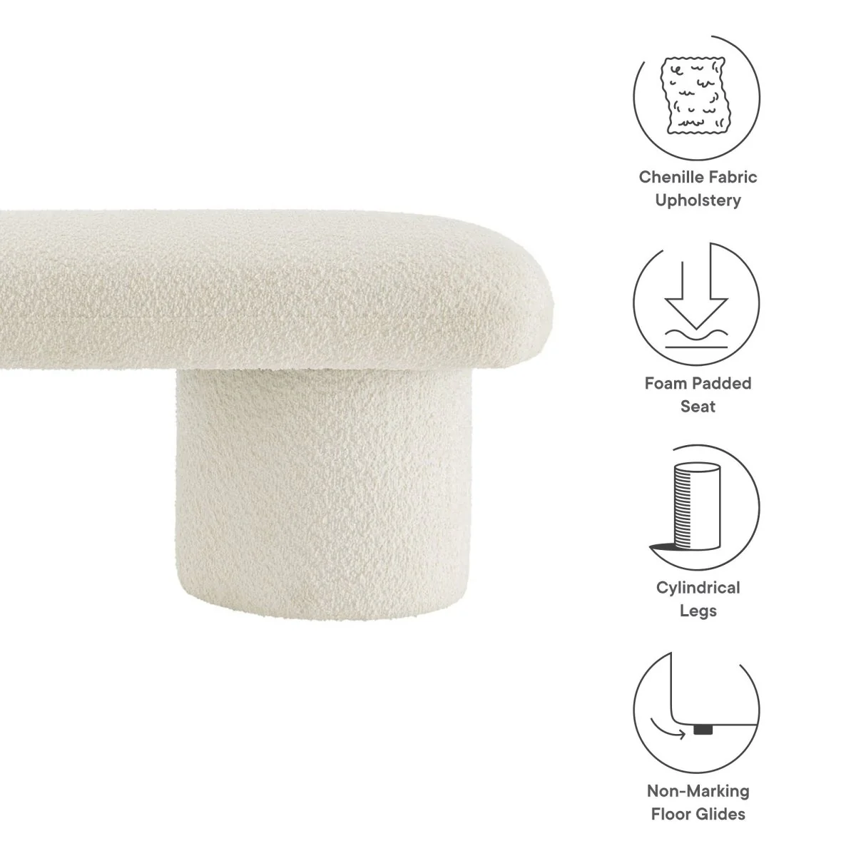 56 Inch Chenille Upholstered Bench with Cylindrical Legs and Overhang Seat - Image 2