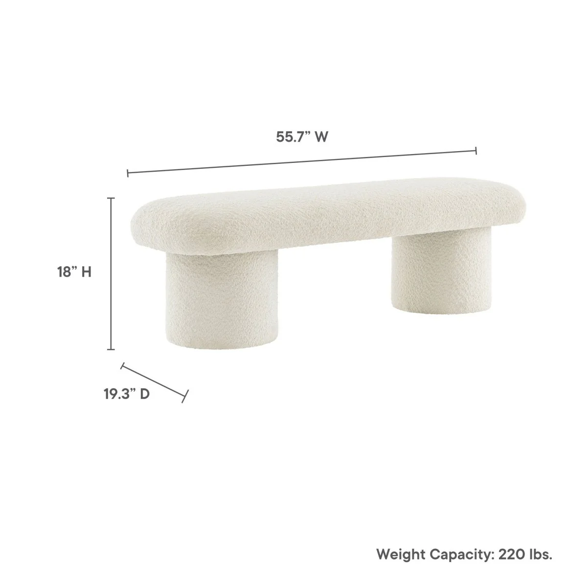 56 Inch Chenille Upholstered Bench with Cylindrical Legs and Overhang Seat - Image 3