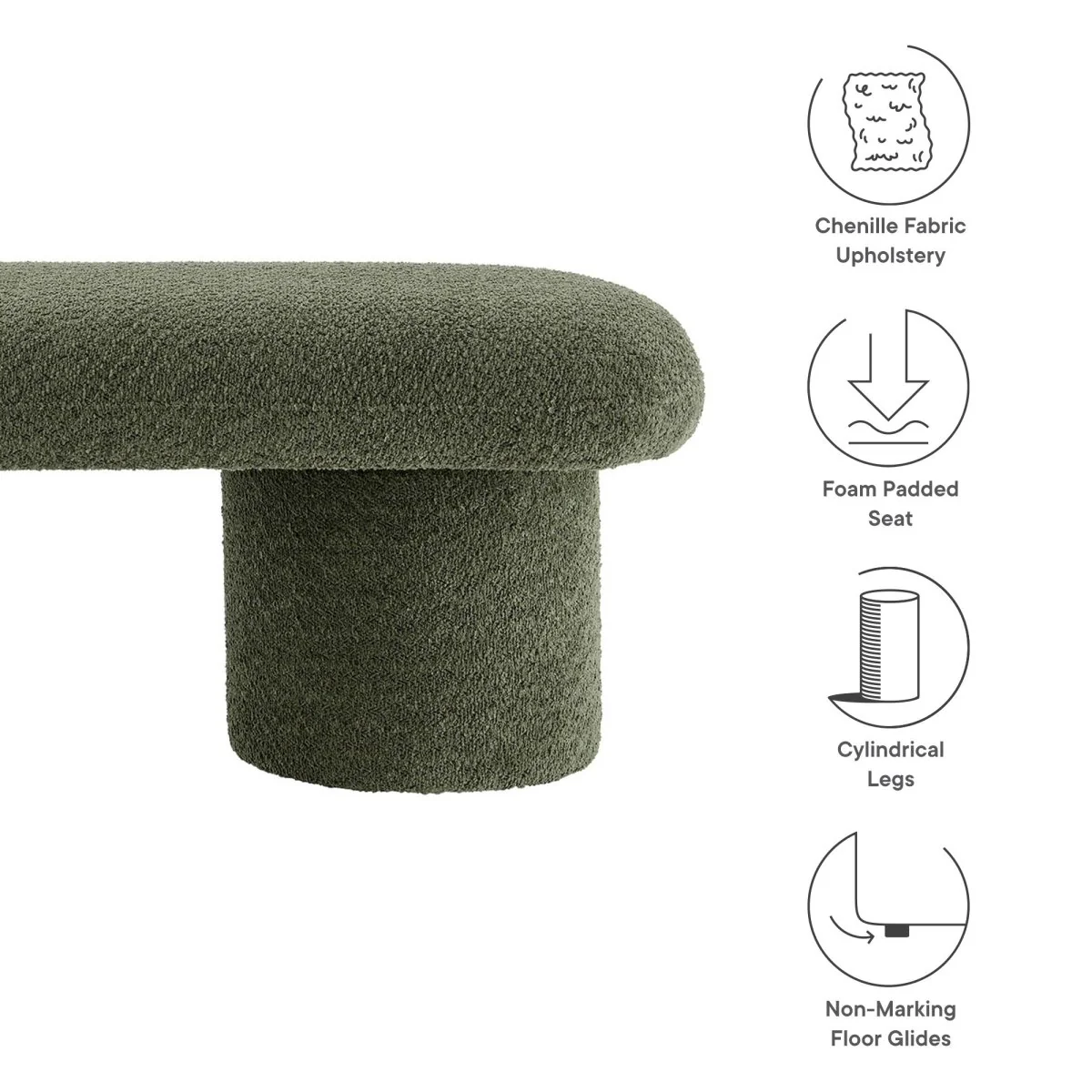 56 Inch Chenille Upholstered Bench with Cylindrical Legs and Overhang Seat - Image 9