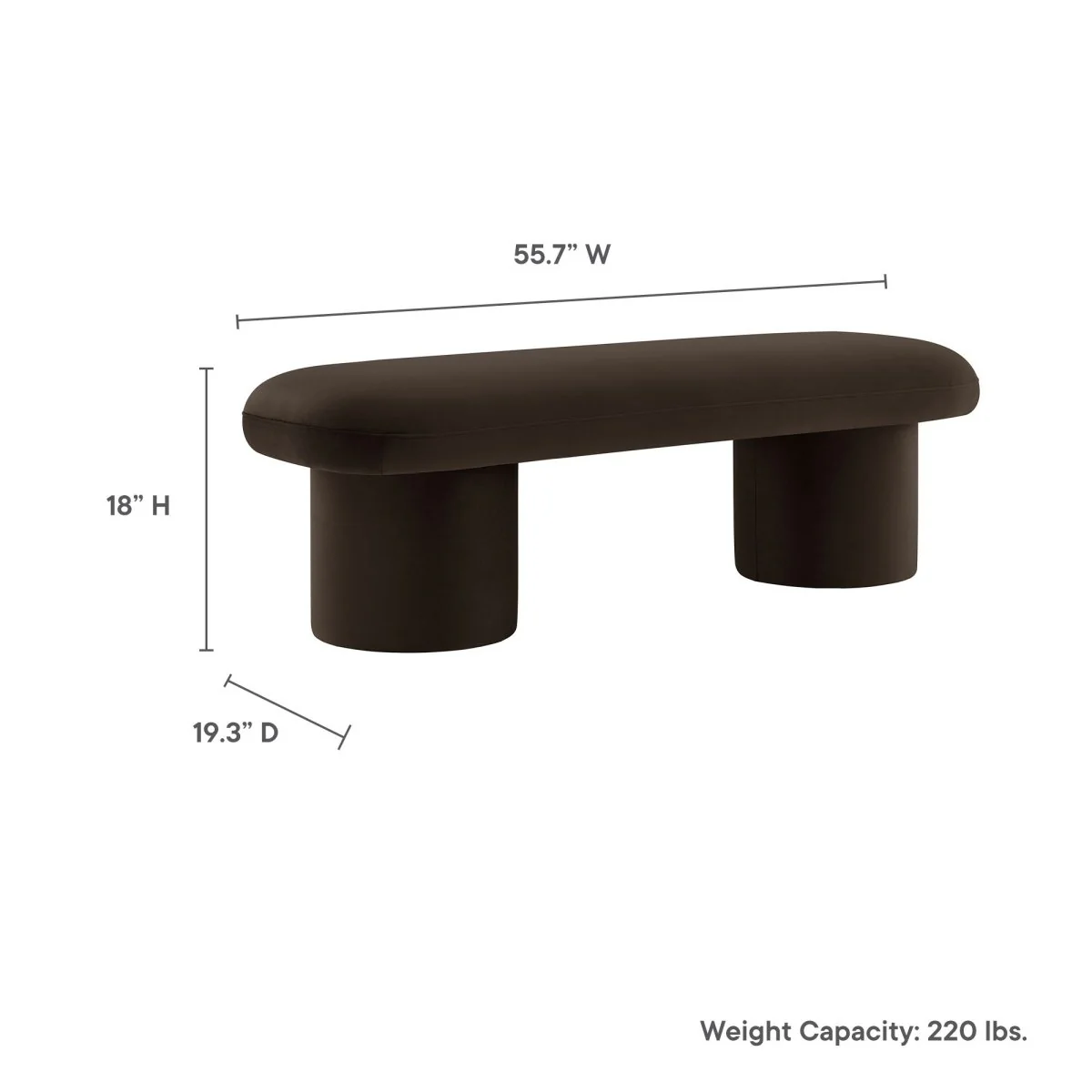 56 Inch Performance Velvet Bench with Cylindrical Legs and Overhang Seat - Image 3