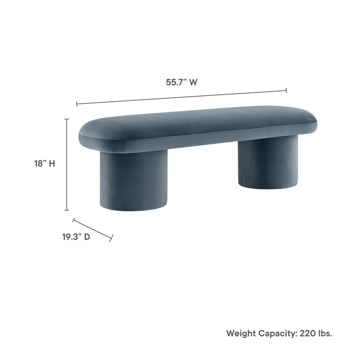 56 Inch Performance Velvet Bench with Cylindrical Legs and Overhang Seat - Image 9