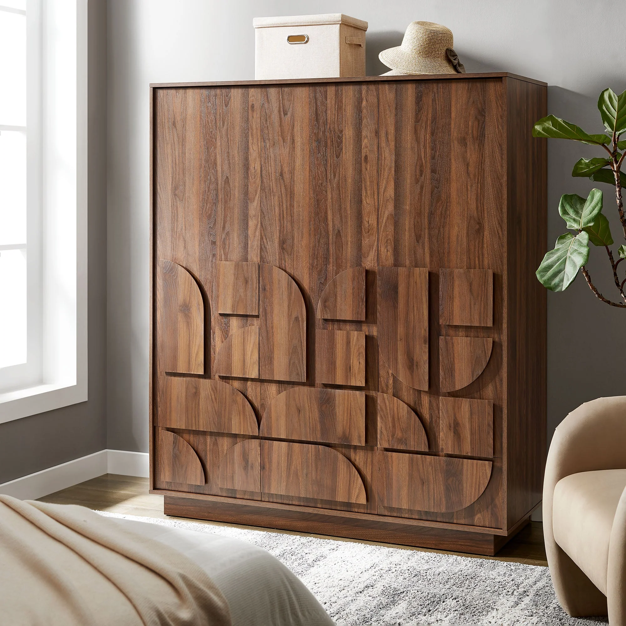 57" Walnut Geometric 3-Door Freestanding Wardrobe Closet - Image 13