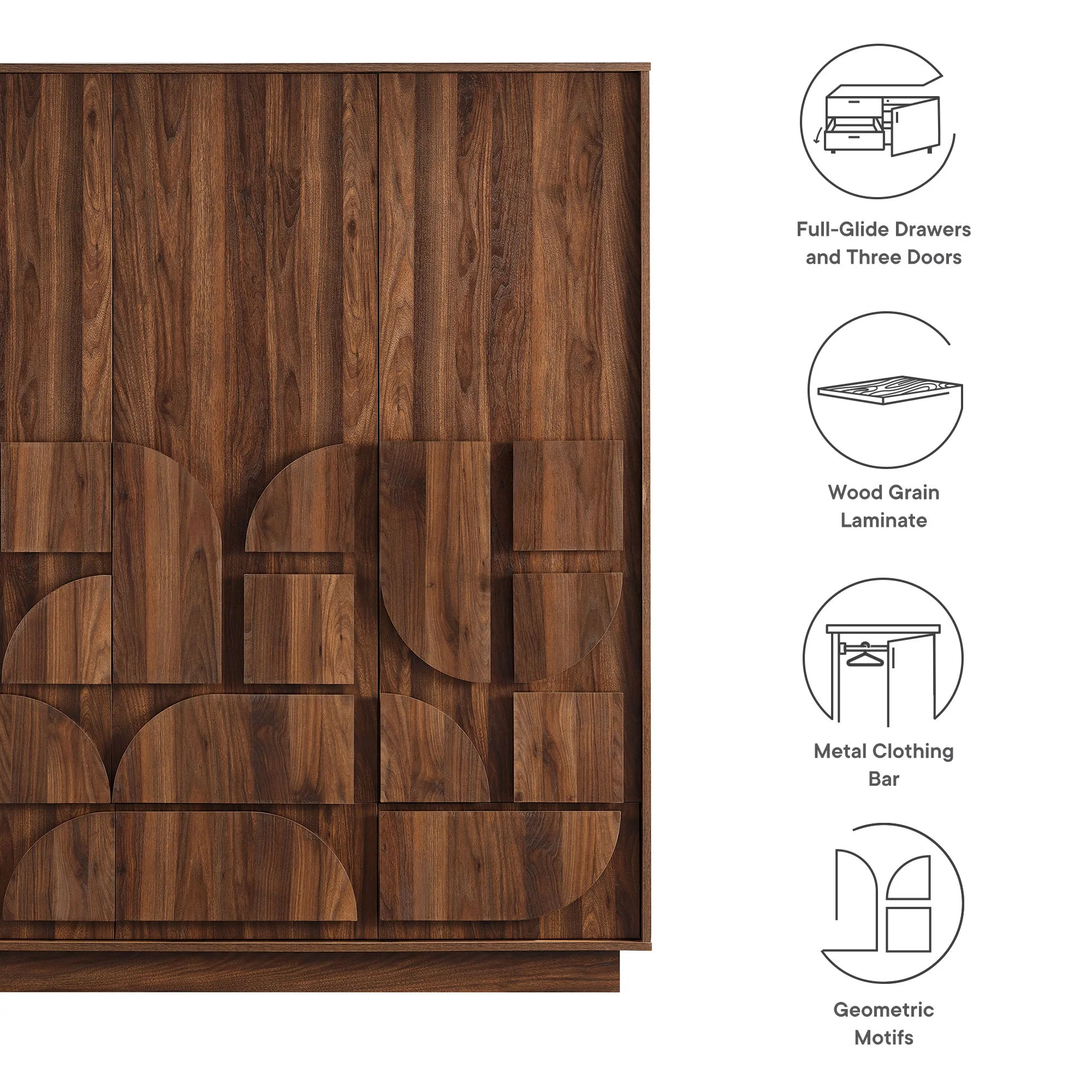 57" Walnut Geometric 3-Door Freestanding Wardrobe Closet - Image 2