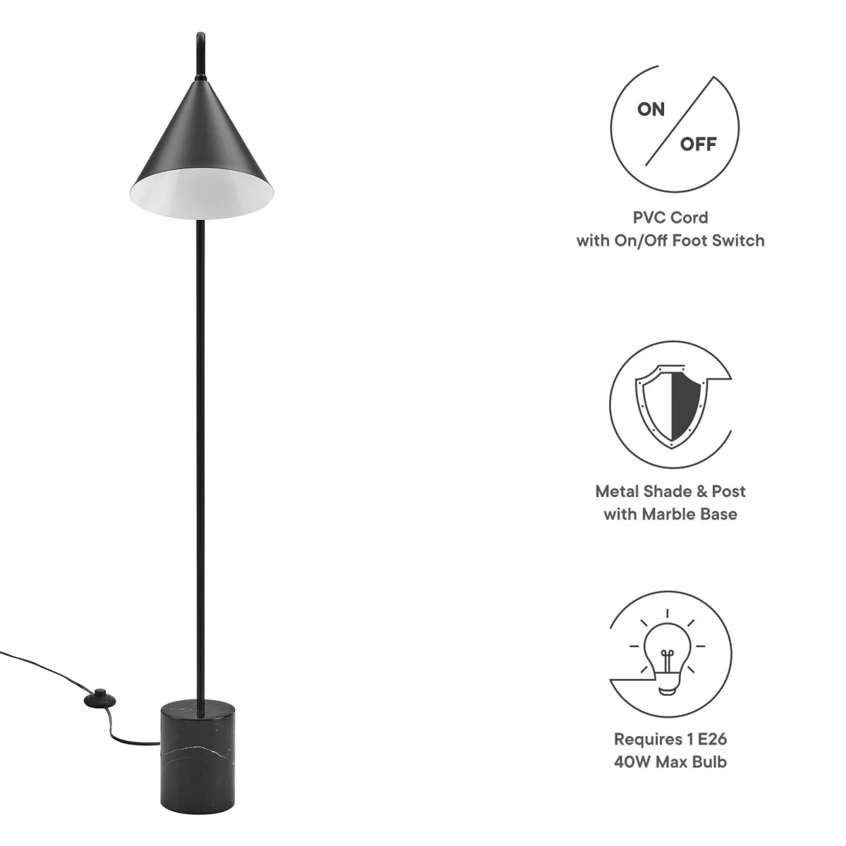 58" Marble Base Floor Lamp with Metal Shade – Contemporary Home Lighting Fixture - Image 4