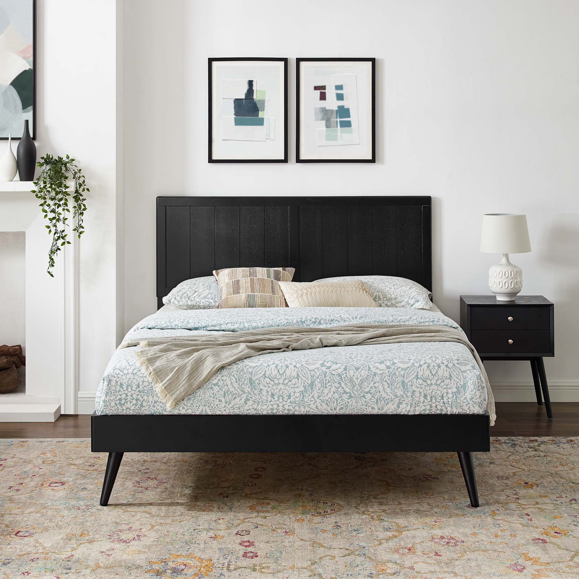 Wood Platform Bed with Paneled Headboard and Splayed Legs - Image 18