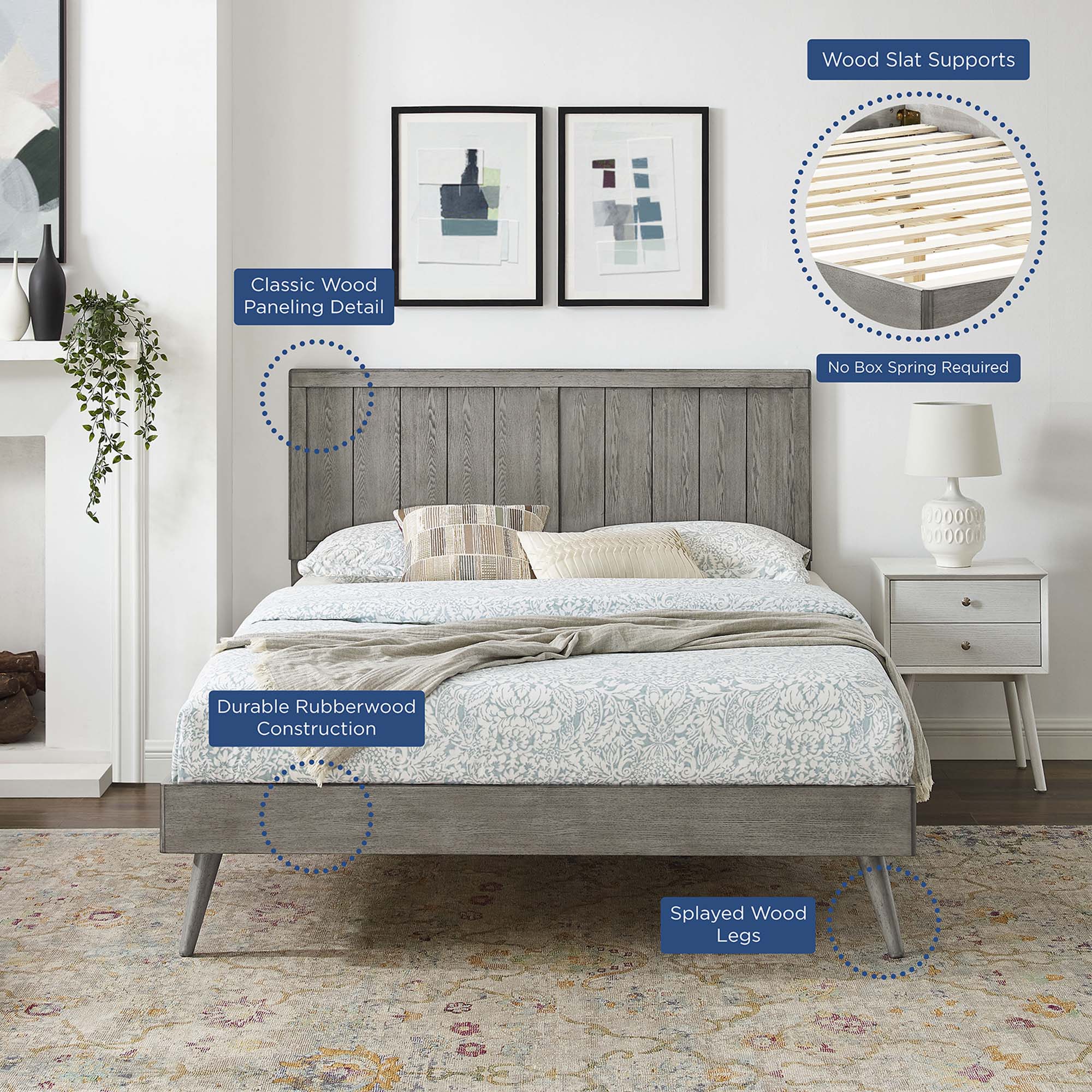 Wood Platform Bed with Paneled Headboard and Splayed Legs - Image 28