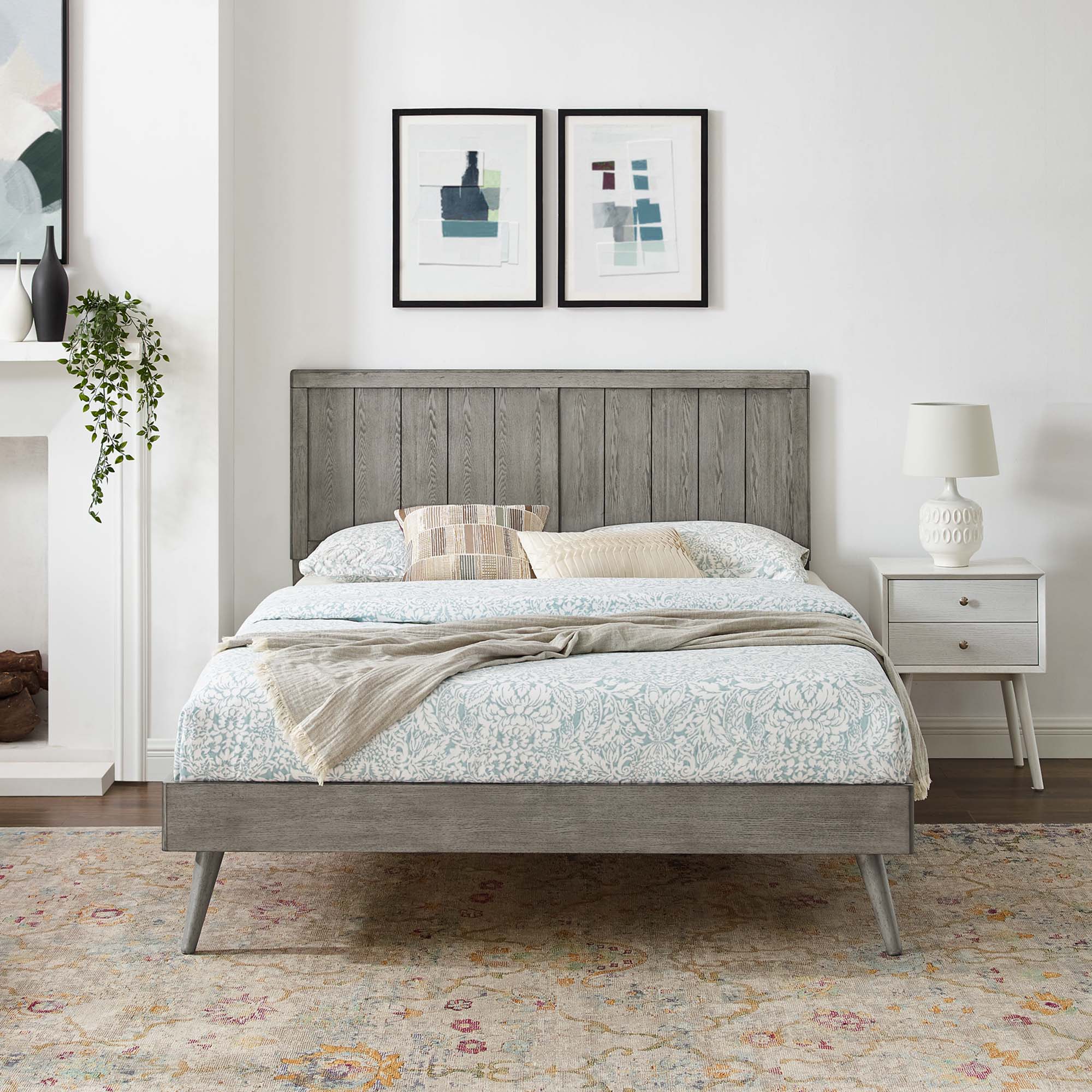 Wood Platform Bed with Paneled Headboard and Splayed Legs - Image 66