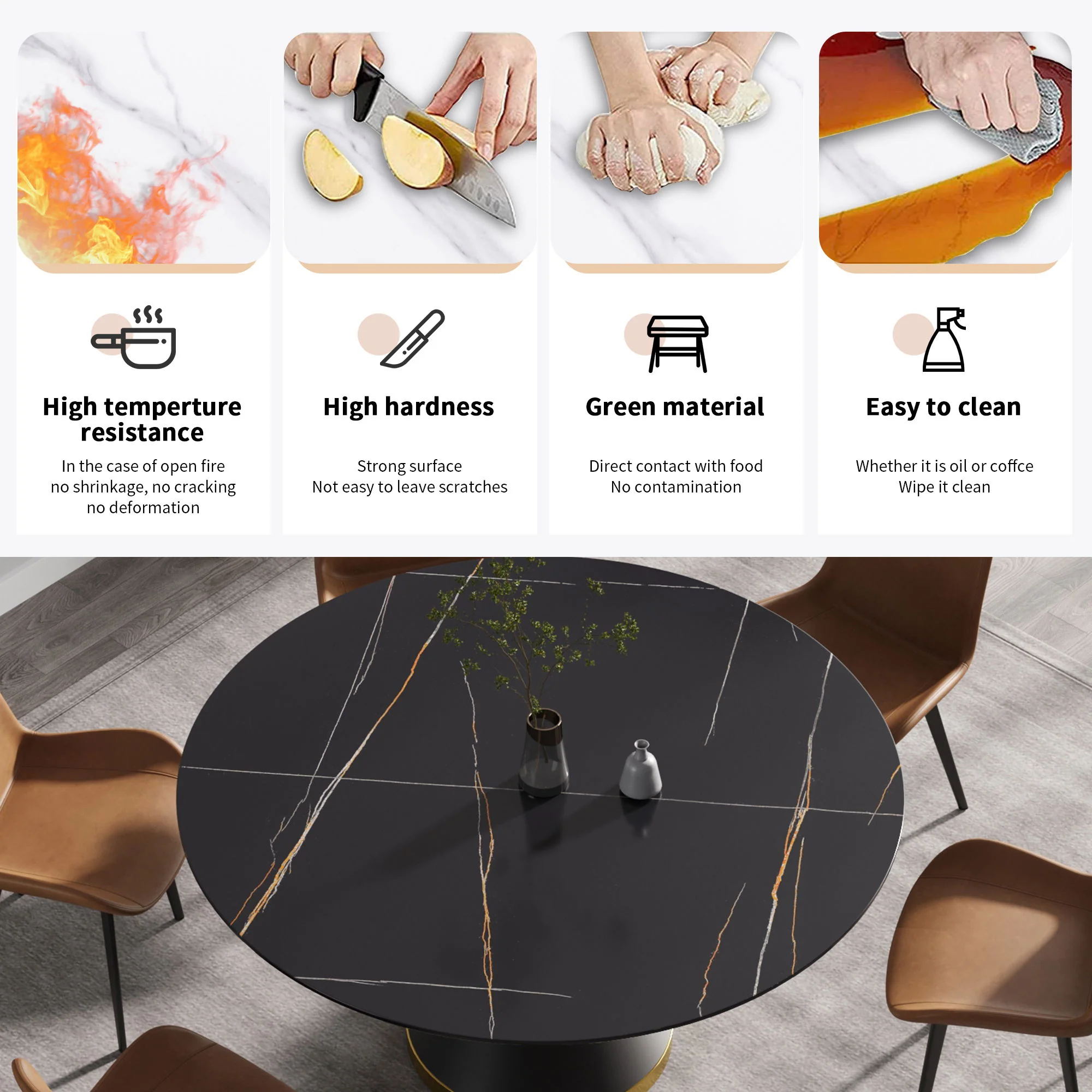 59.05" Modern Artificial Stone Round Black Carbon Steel Base Dining Table, Can Accommodate 6 People - Black - Image 4