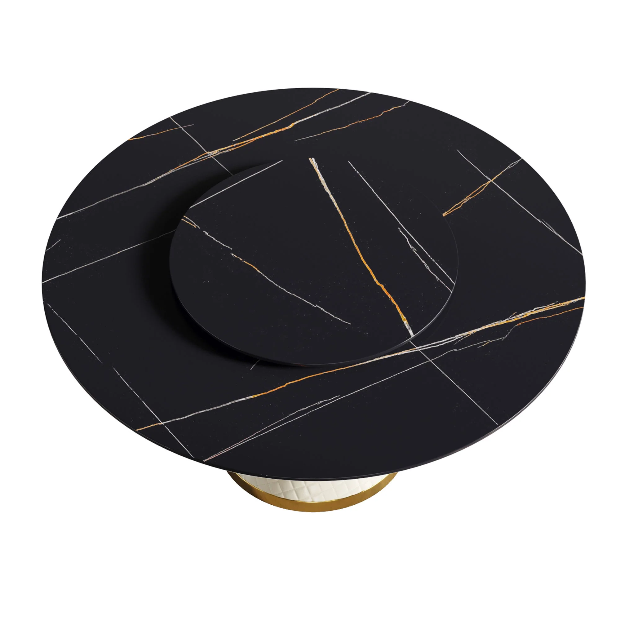 59.05" Modern Artificial Stone Round Carbon Steel Base Dining Table, Can Accommodate 6 People, Artificial Stone Turntable - White / Black - Image 2