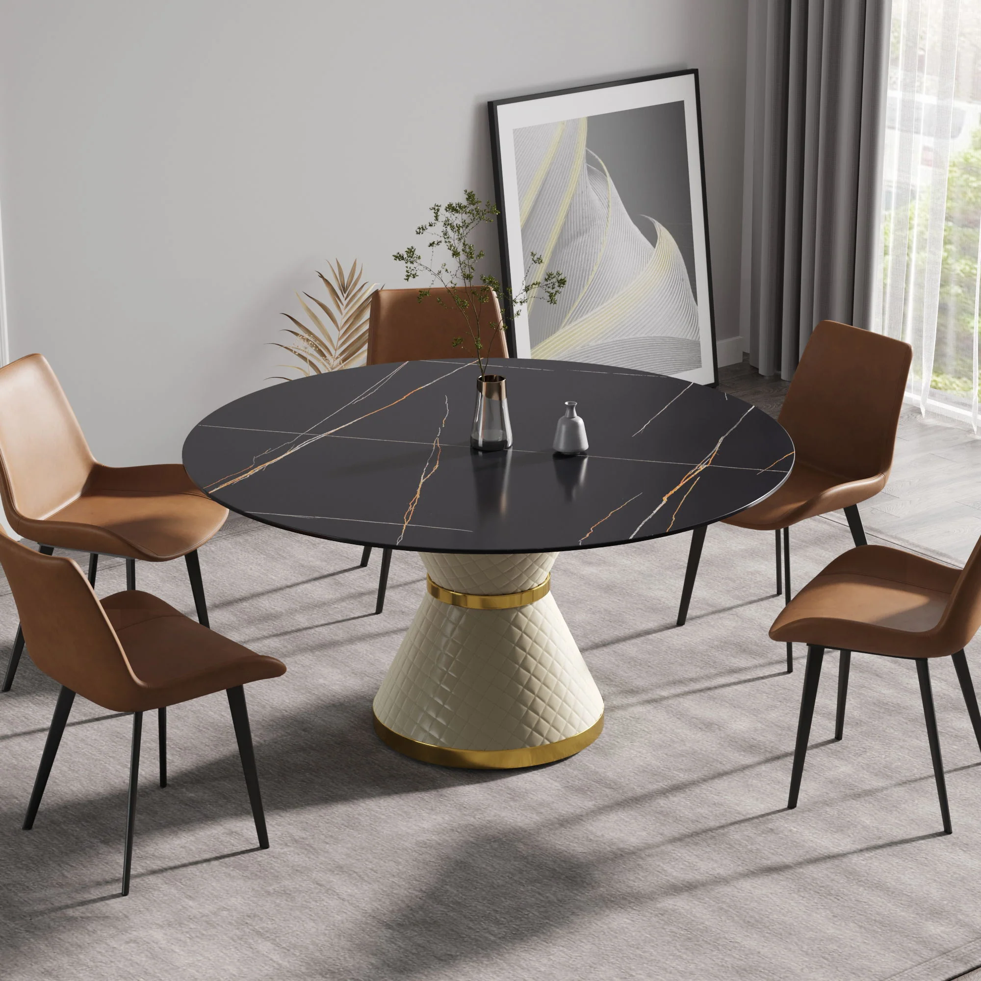59.05" Modern Artificial Stone Round Carbon Steel Base Dining Table, Can Accommodate 6 People - Black / White - Image 4