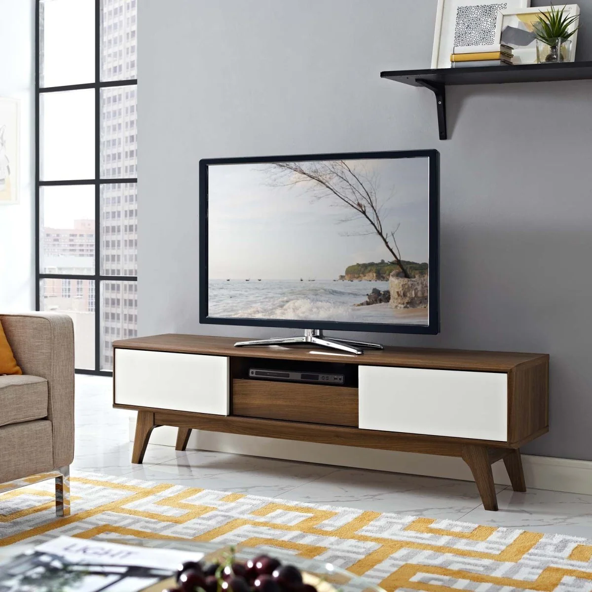 59 Inch Elegant Linear TV Stand in Walnut White - Image 5