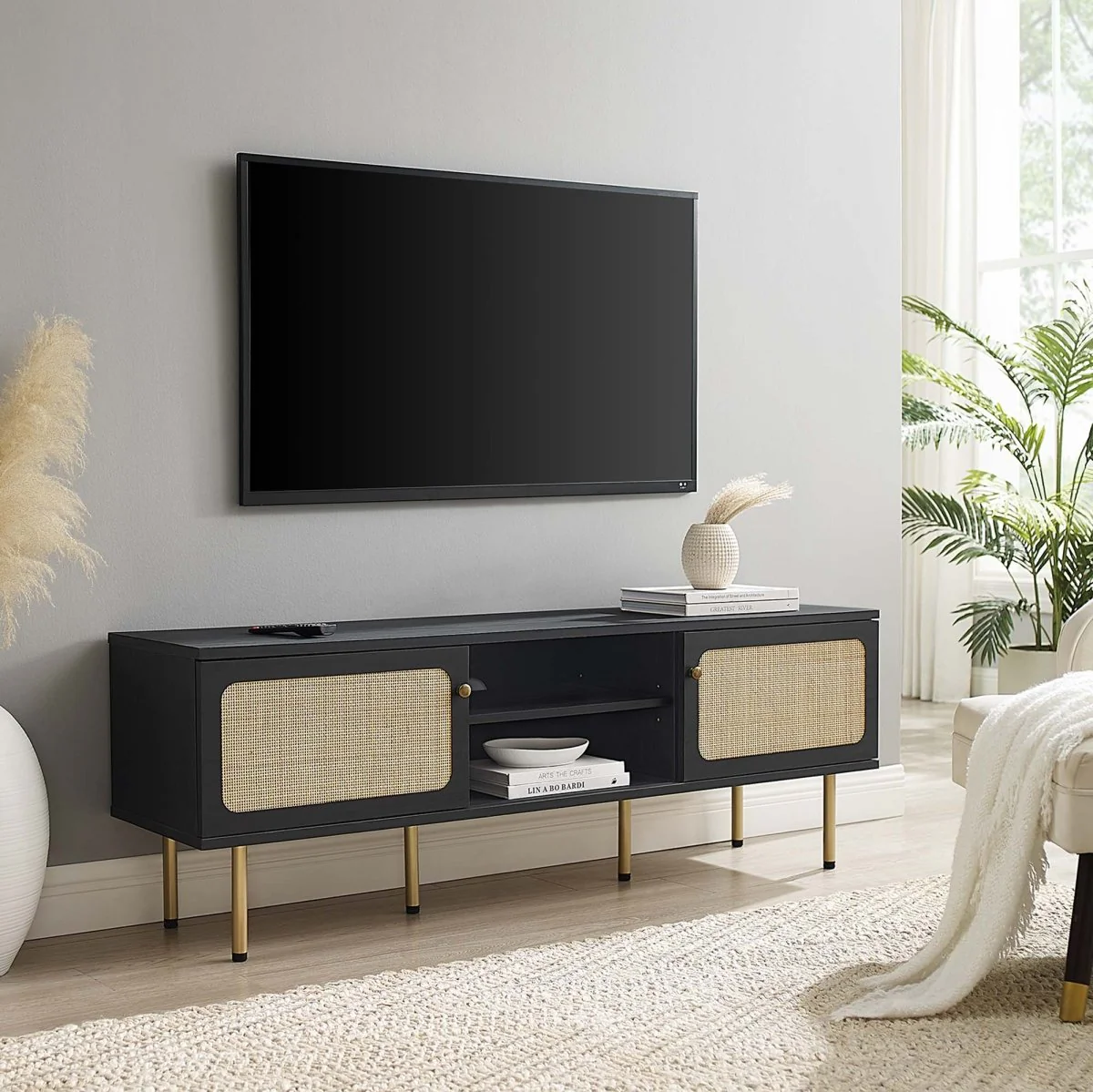 59 Inch Modern Rattan Sliding Door TV Stand - Image 6