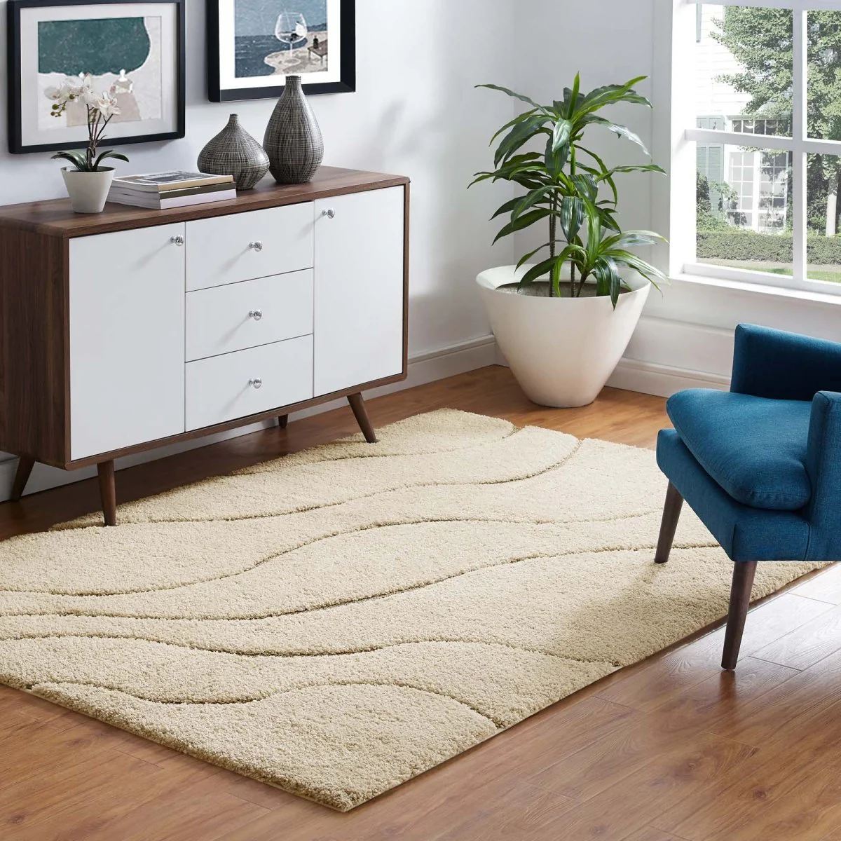 5x8 Cream and Beige Abstract Swirl Shag Polypropylene Area Rug - Image 7