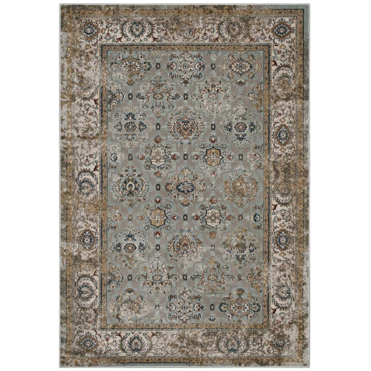5x8 Silver Blue Beige Brown Distressed Vintage Floral Lattice Area Rug