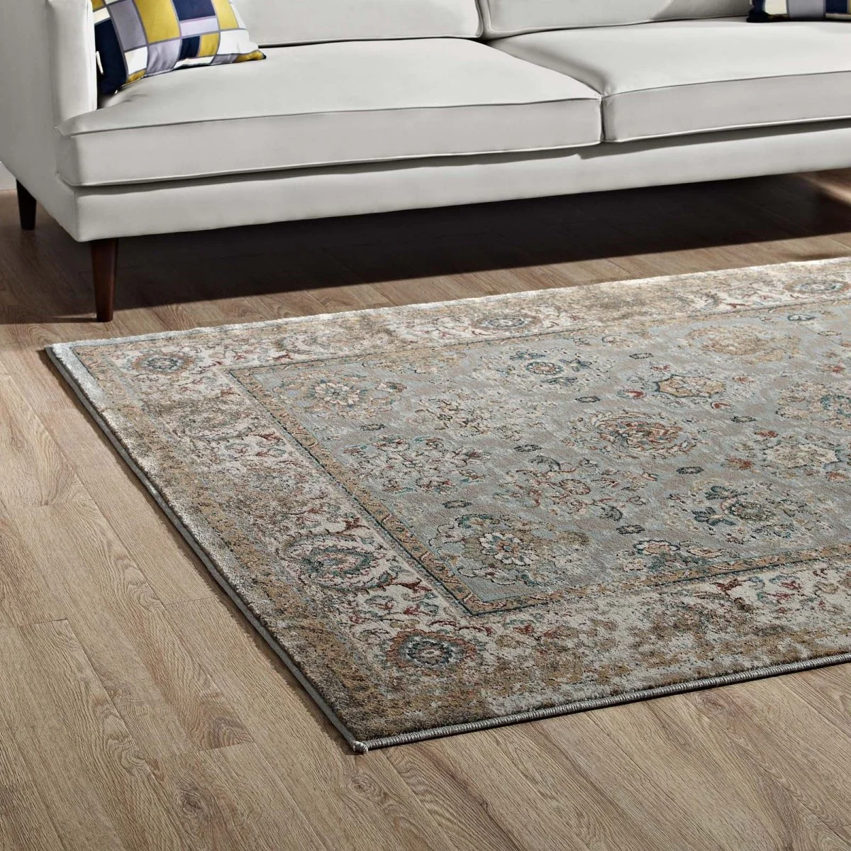 5x8 Silver Blue Beige Brown Distressed Vintage Floral Lattice Area Rug - Image 3