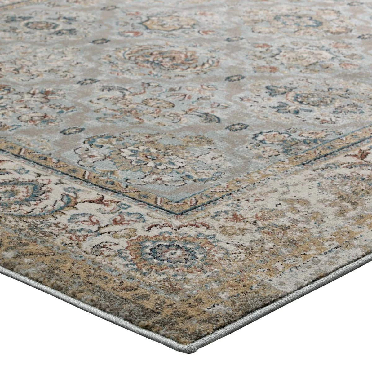 5x8 Silver Blue Beige Brown Distressed Vintage Floral Lattice Area Rug - Image 6