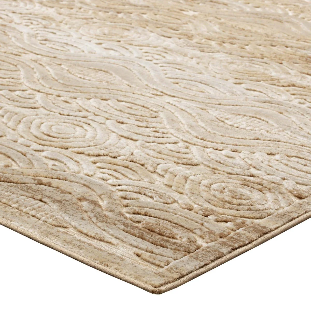 5x8 Tan and Cream Rustic Vintage Abstract Waves Polypropylene Chenille Area Rug - Image 3