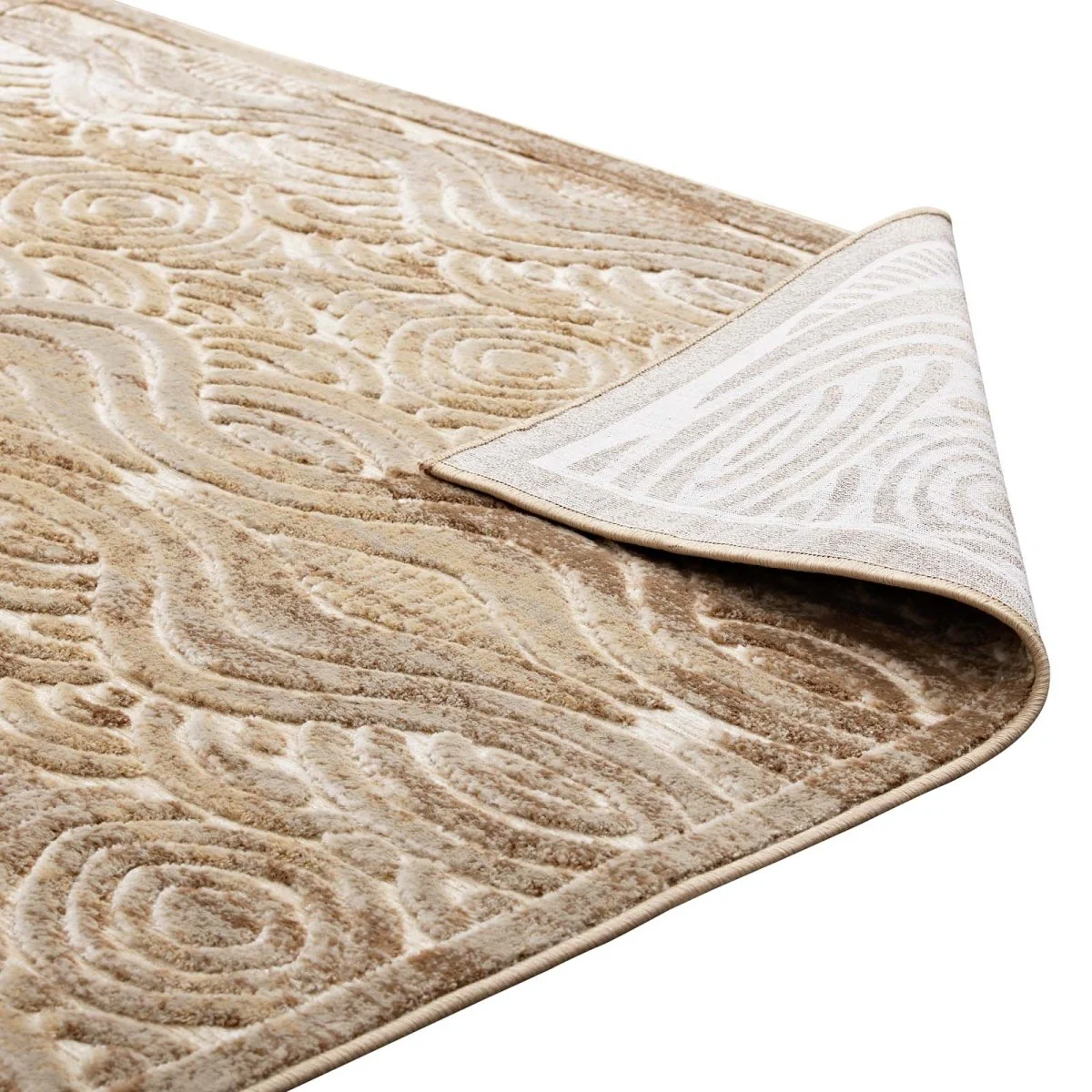 5x8 Tan and Cream Rustic Vintage Abstract Waves Polypropylene Chenille Area Rug - Image 4
