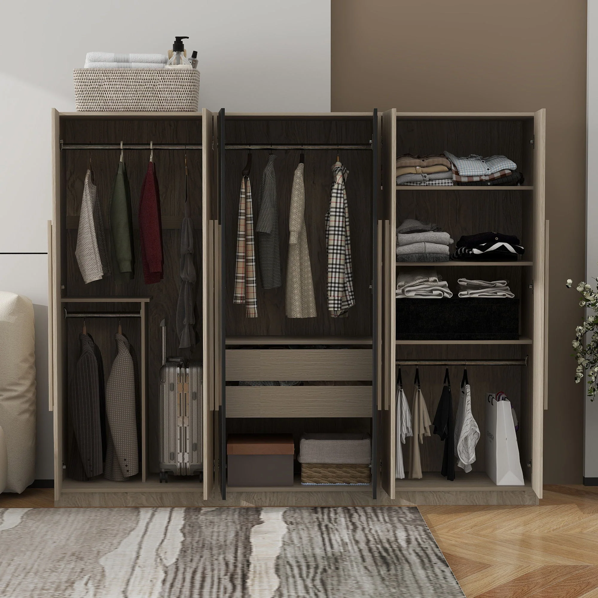 6 Doors Wardrobe Storage For Bedroom, With 2 Drawers Inside - Black / Nature - Image 5