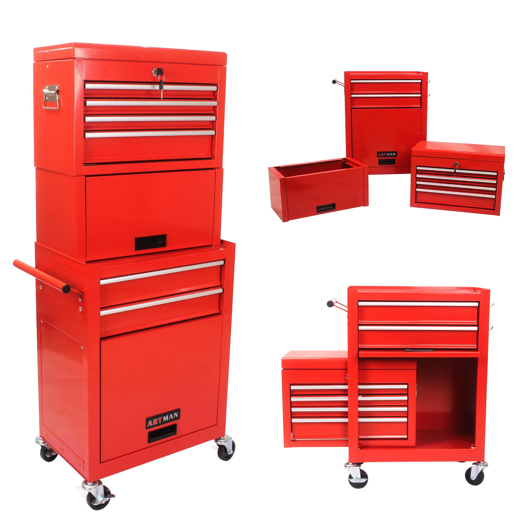 6 Drawer Lockable Tool Cabinet On Wheels, Steel Rolling Tool Chest With Detachable Toolbox - Image 10
