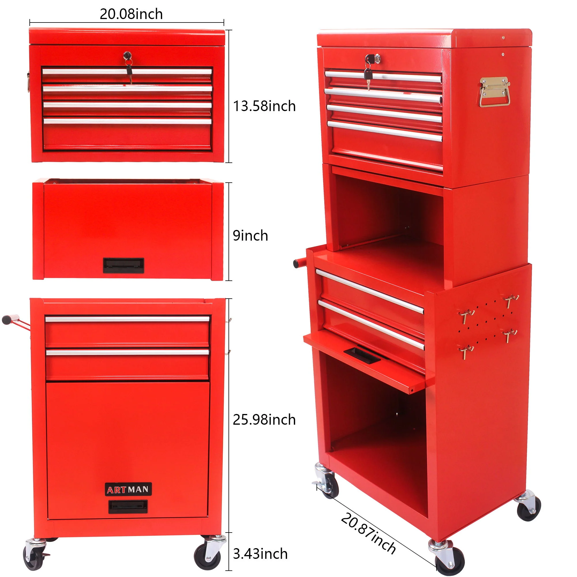 6 Drawer Lockable Tool Cabinet On Wheels, Steel Rolling Tool Chest With Detachable Toolbox - Image 21