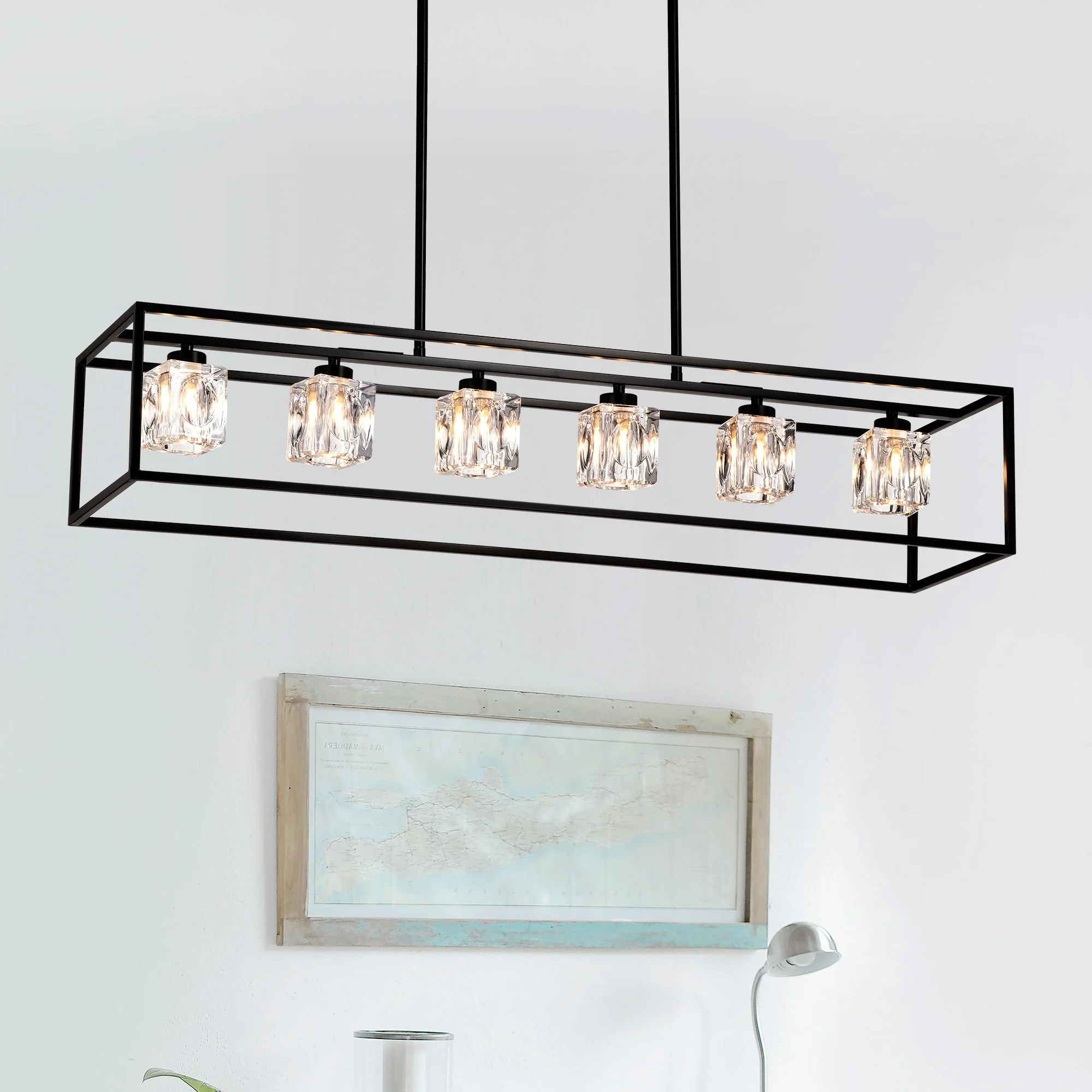 6 Light Farmhouse Chandelier, Modern Industrial Linear Rectangular Crystal Pendant Light Cage Chandelier For Dining Room, Kitchen Island, Bar, Long Table, G9*6 Bulbs Included - Matte Black - Image 3