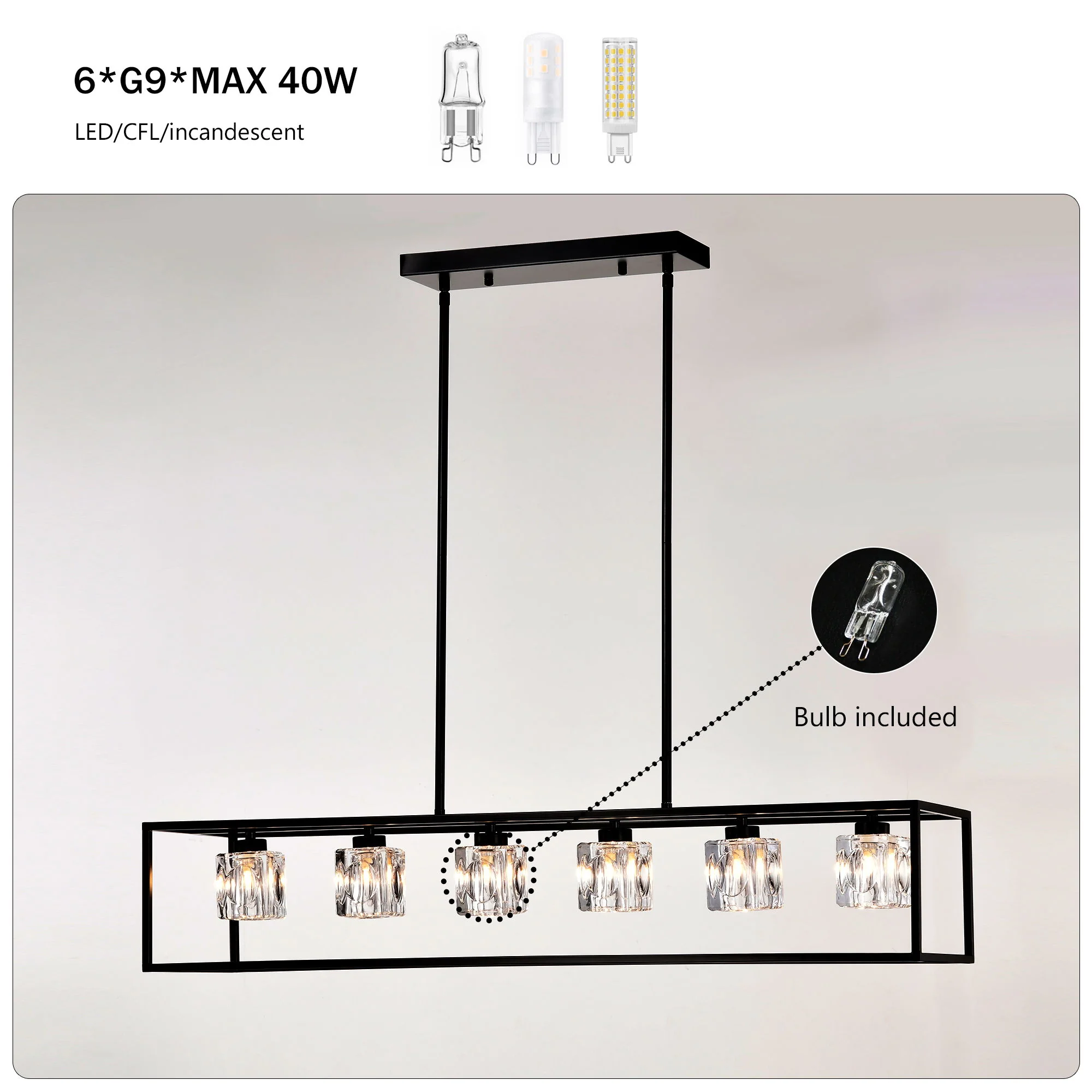 6 Light Farmhouse Chandelier, Modern Industrial Linear Rectangular Crystal Pendant Light Cage Chandelier For Dining Room, Kitchen Island, Bar, Long Table, G9*6 Bulbs Included - Matte Black - Image 8