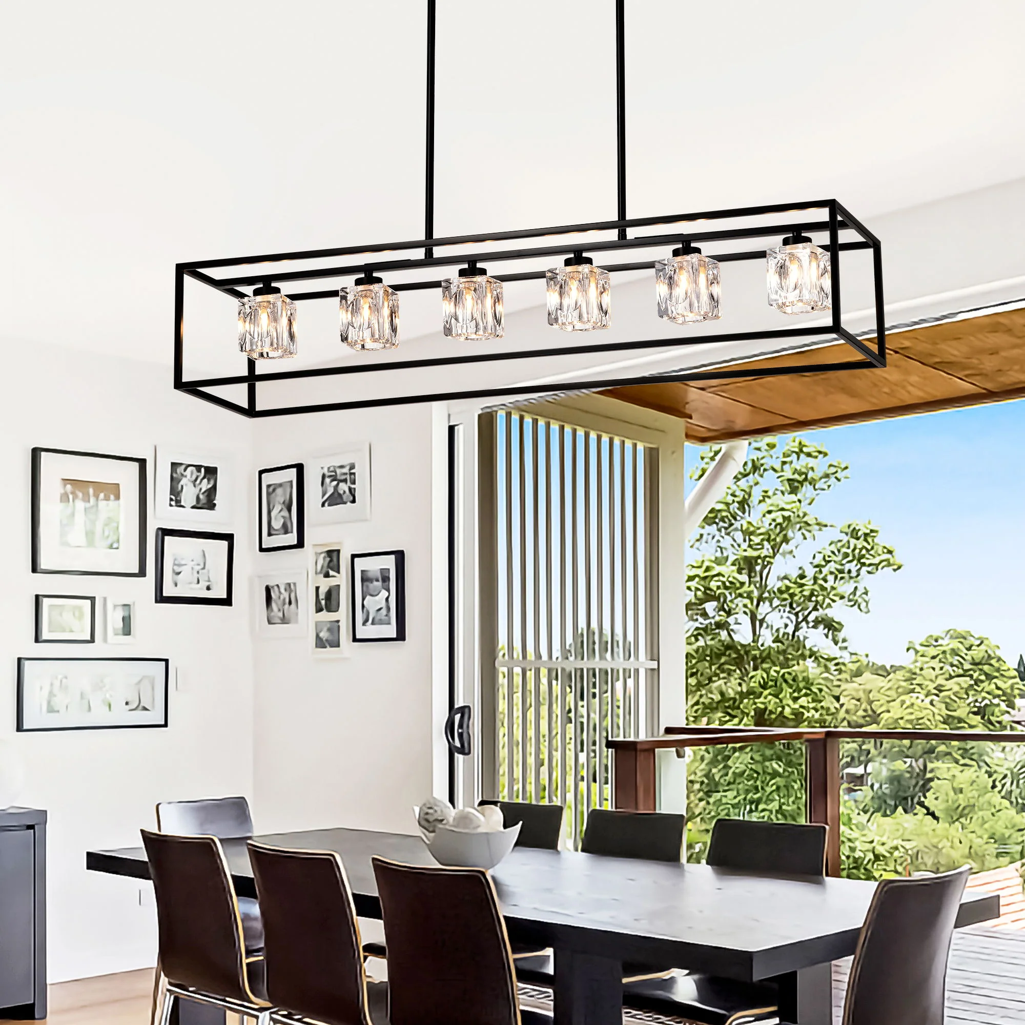 6 Light Farmhouse Chandelier, Modern Industrial Linear Rectangular Crystal Pendant Light Cage Chandelier For Dining Room, Kitchen Island, Bar, Long Table, G9*6 Bulbs Included - Matte Black - Image 9